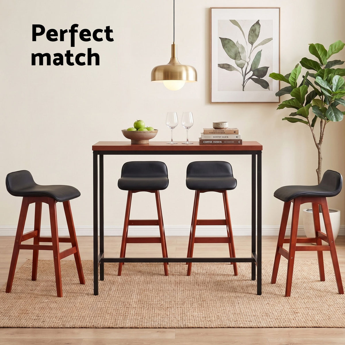 5-Piece Bar Table and Stools Set with PU Leather Seats and MDF Tabletop - Black Walnut