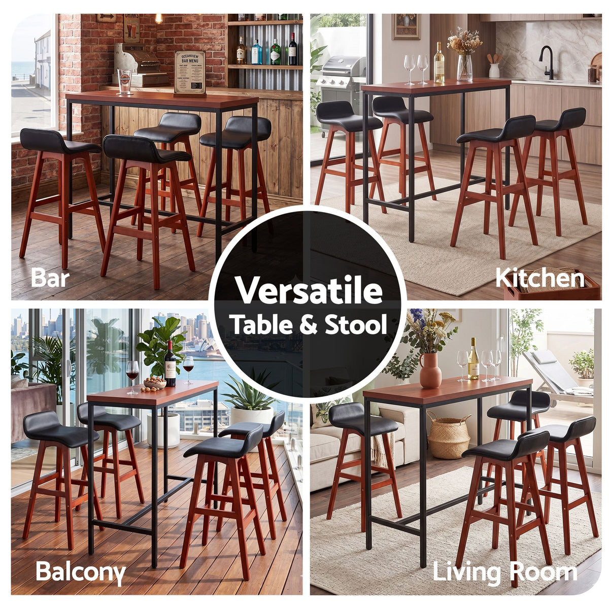 5-Piece Bar Table and Stools Set with PU Leather Seats and MDF Tabletop - Black Walnut