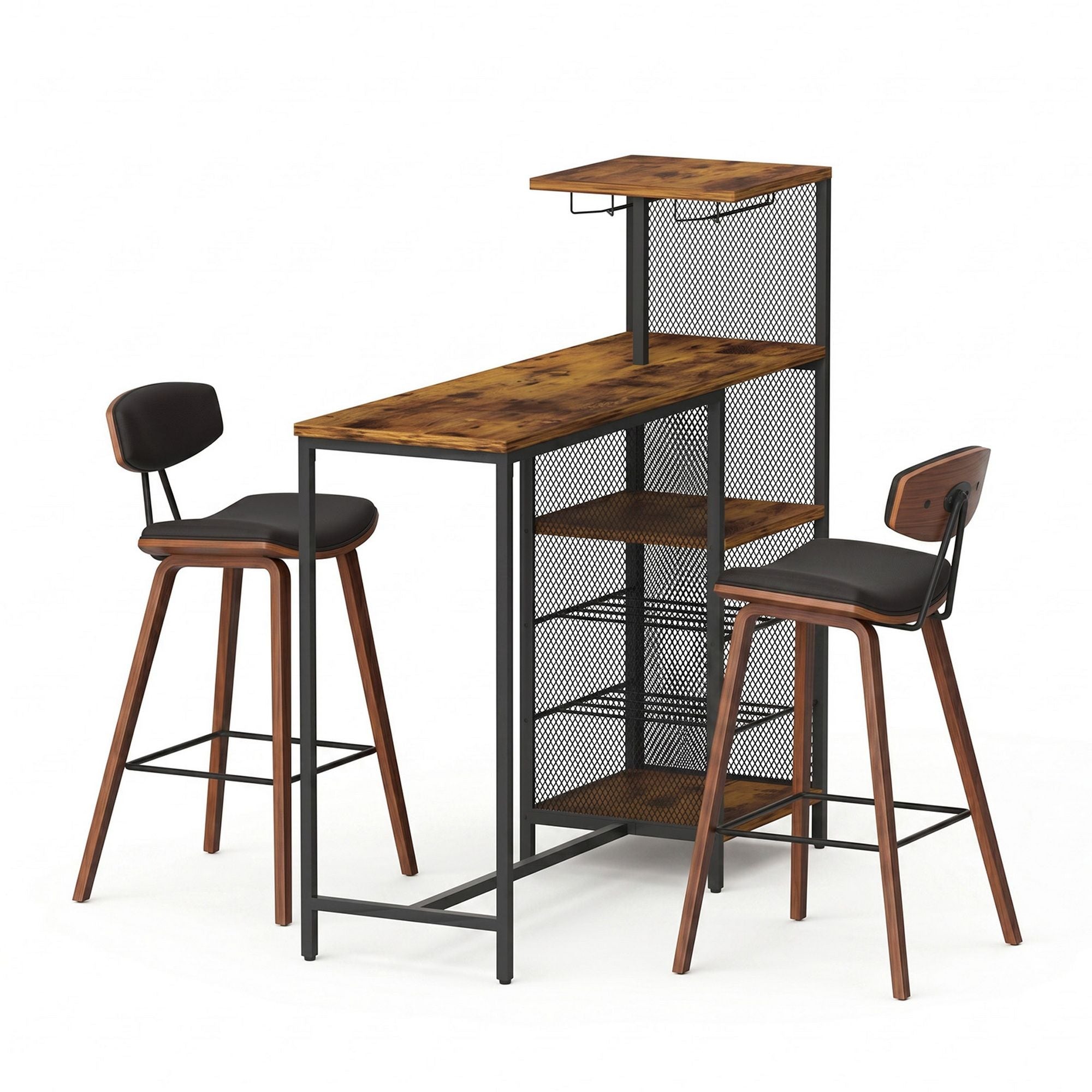 3-Piece Solid Wood Bar Table and Stools Set for Kitchen and Cafe - Walnut