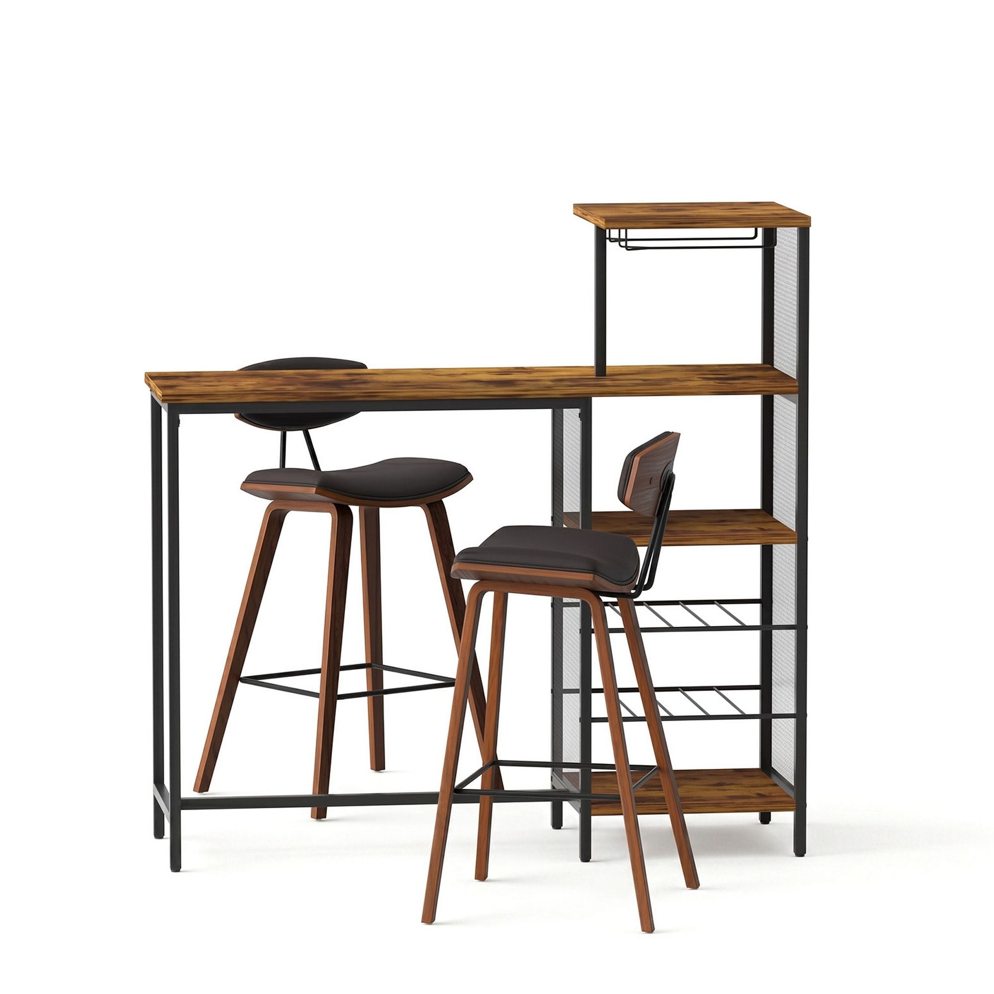 3-Piece Solid Wood Bar Table and Stools Set for Kitchen and Cafe - Walnut