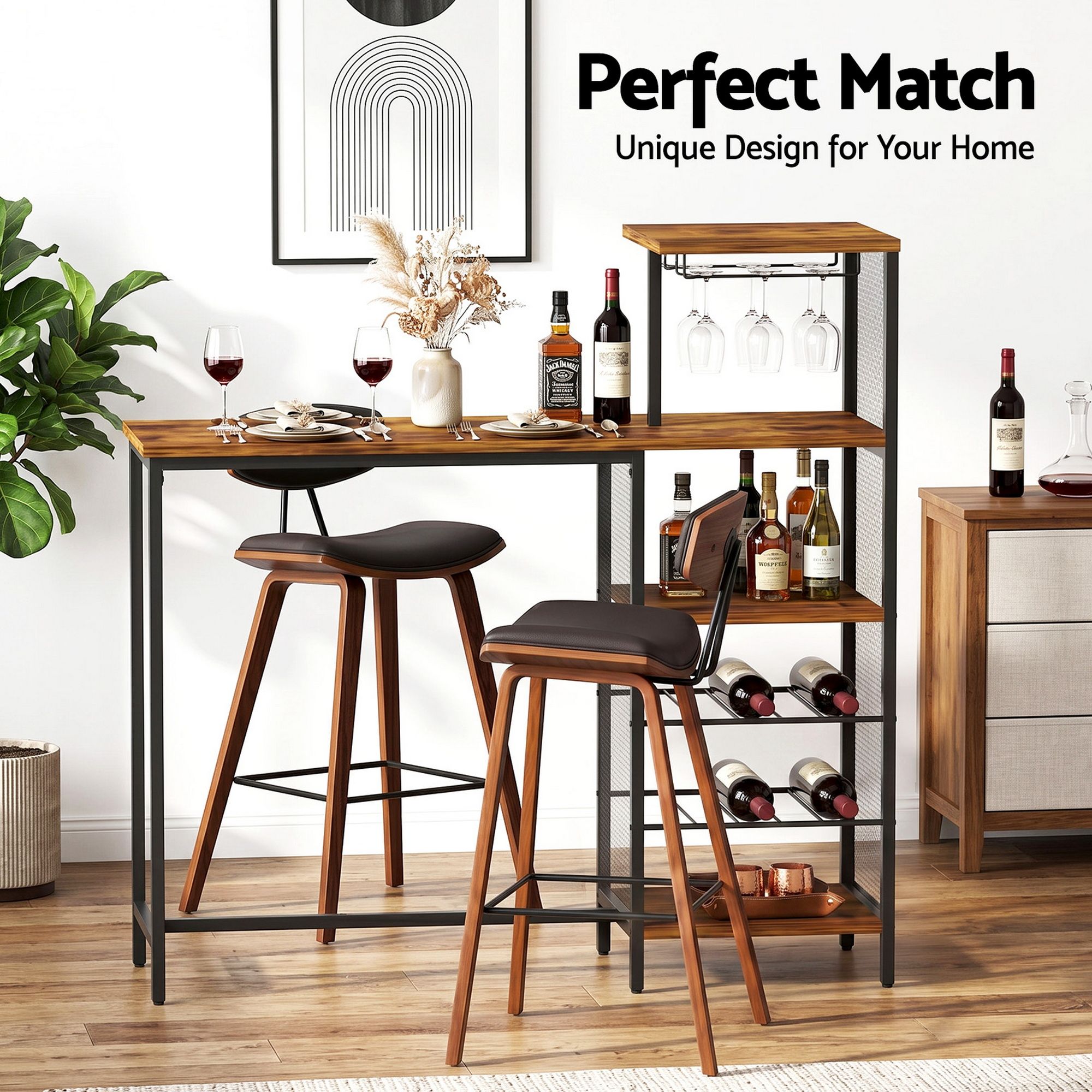 3-Piece Solid Wood Bar Table and Stools Set for Kitchen and Cafe - Walnut