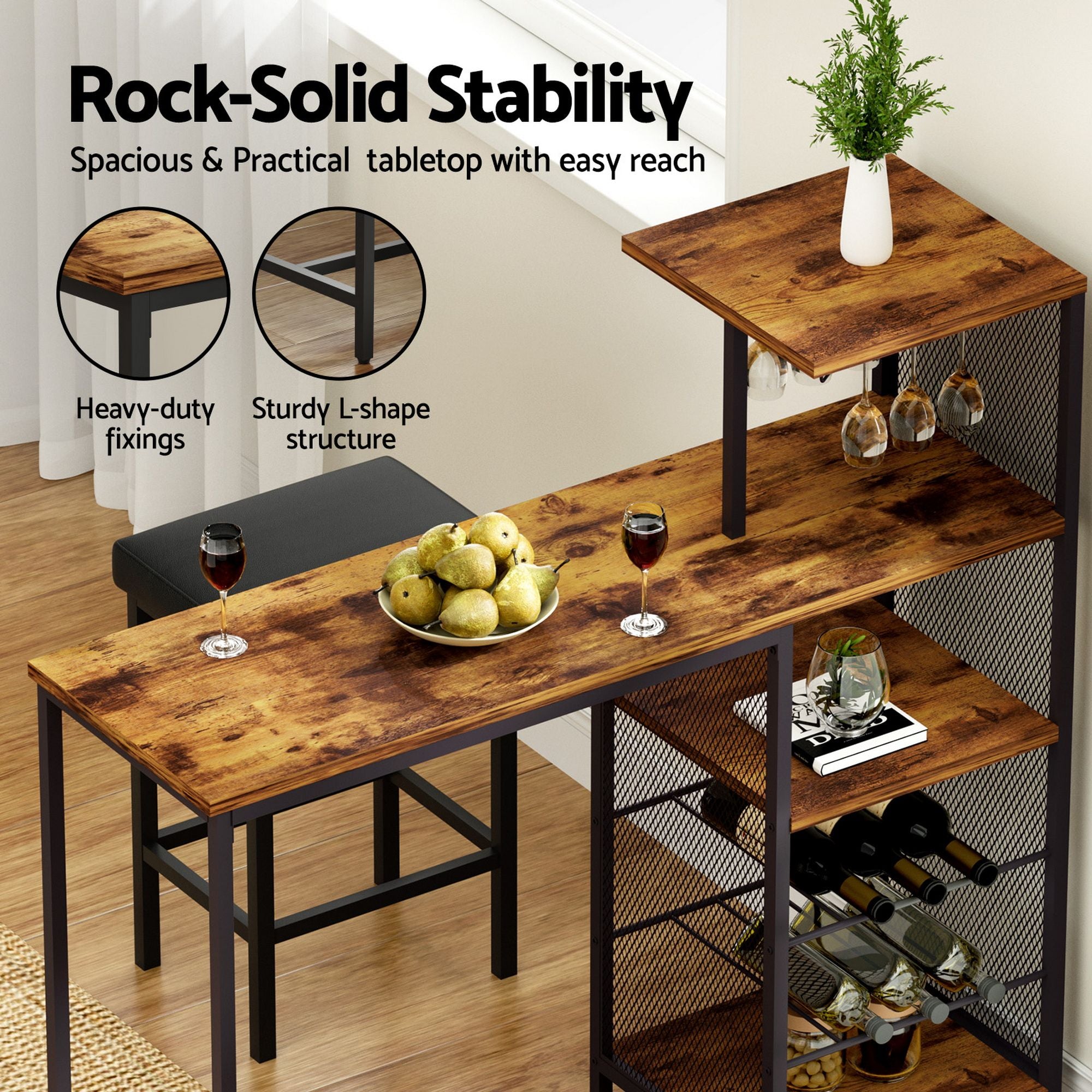 3-Piece Solid Wood Bar Table and Stools Set for Kitchen and Cafe - Walnut