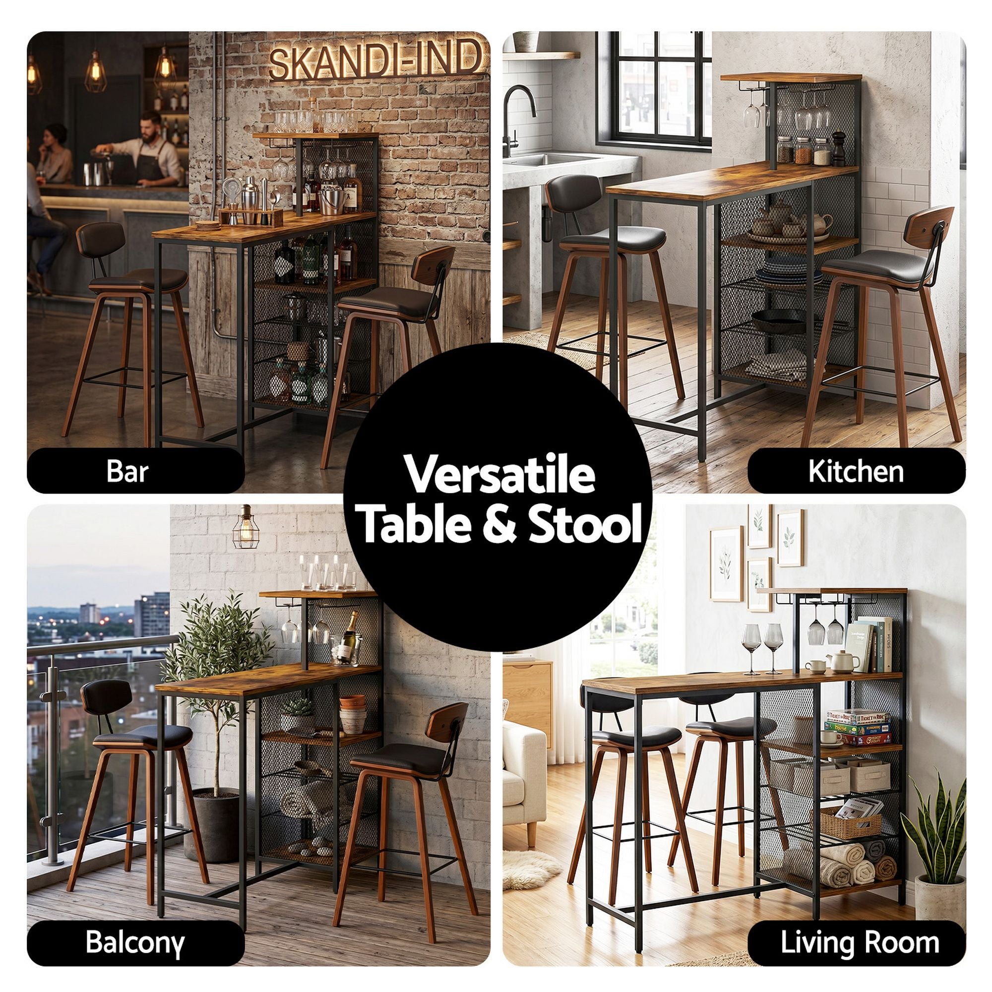 3-Piece Solid Wood Bar Table and Stools Set for Kitchen and Cafe - Walnut