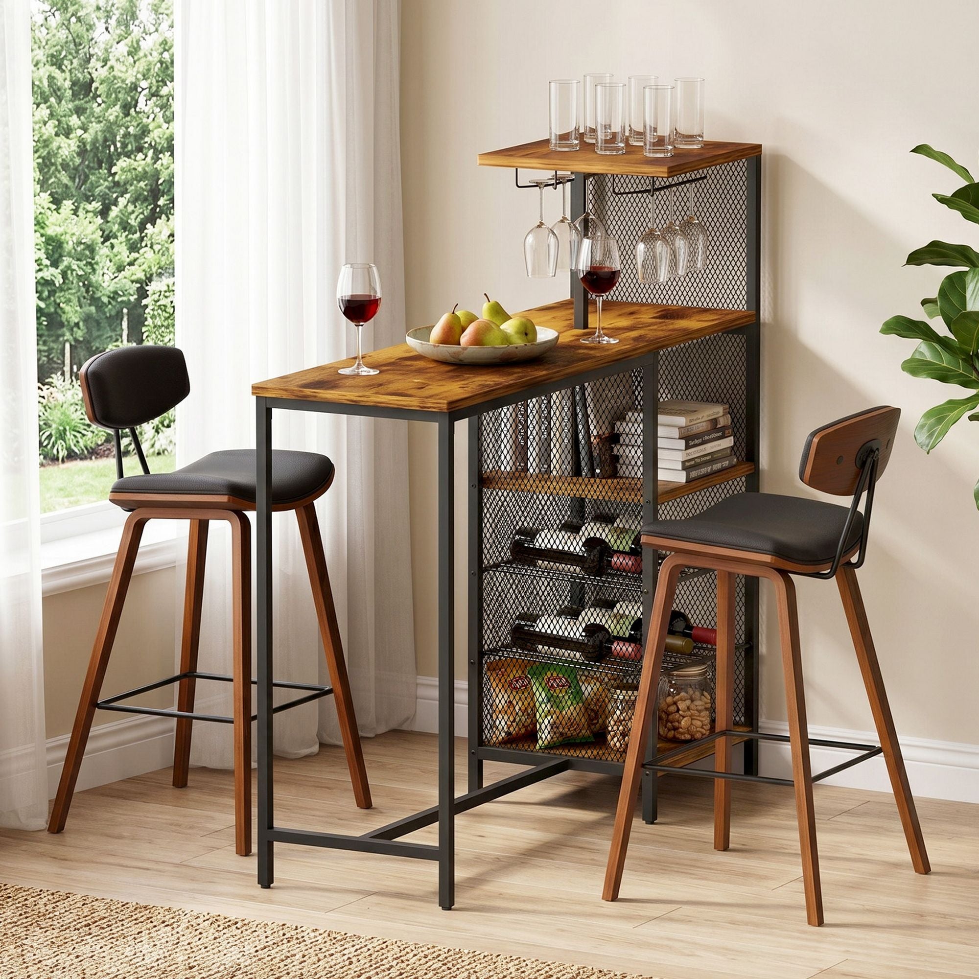 3-Piece Solid Wood Bar Table and Stools Set for Kitchen and Cafe - Walnut