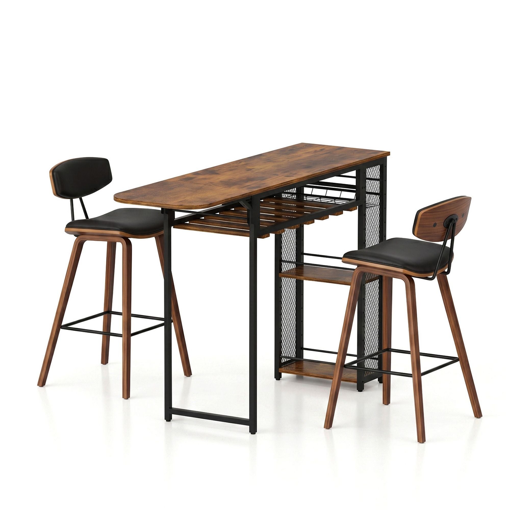 3PCS Solid Wood Bar Table and Stools Set for Kitchen Dining Cafe Pub - Walnut