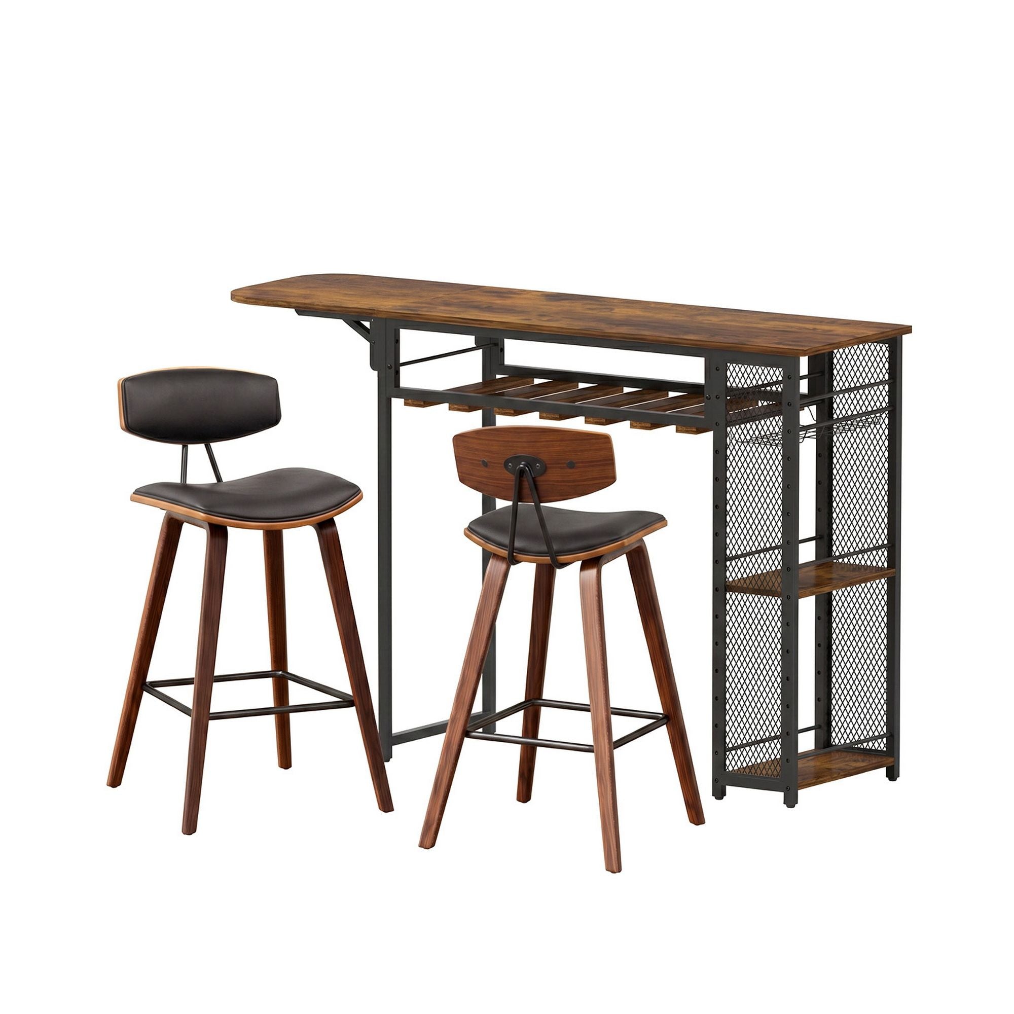 3PCS Solid Wood Bar Table and Stools Set for Kitchen Dining Cafe Pub - Walnut