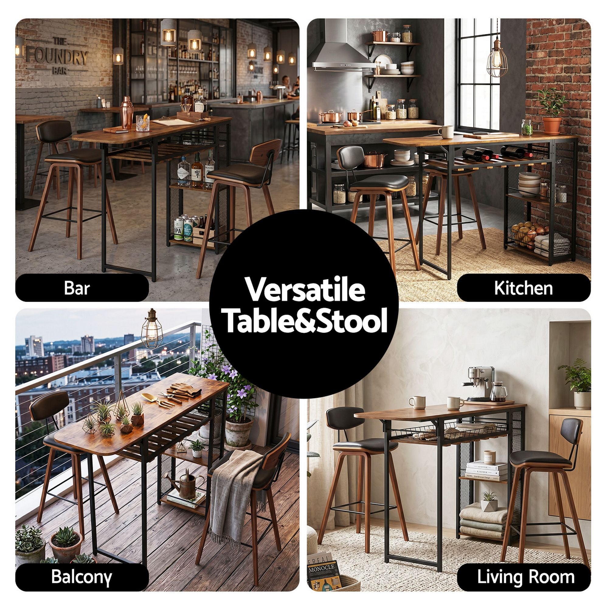 3PCS Solid Wood Bar Table and Stools Set for Kitchen Dining Cafe Pub - Walnut