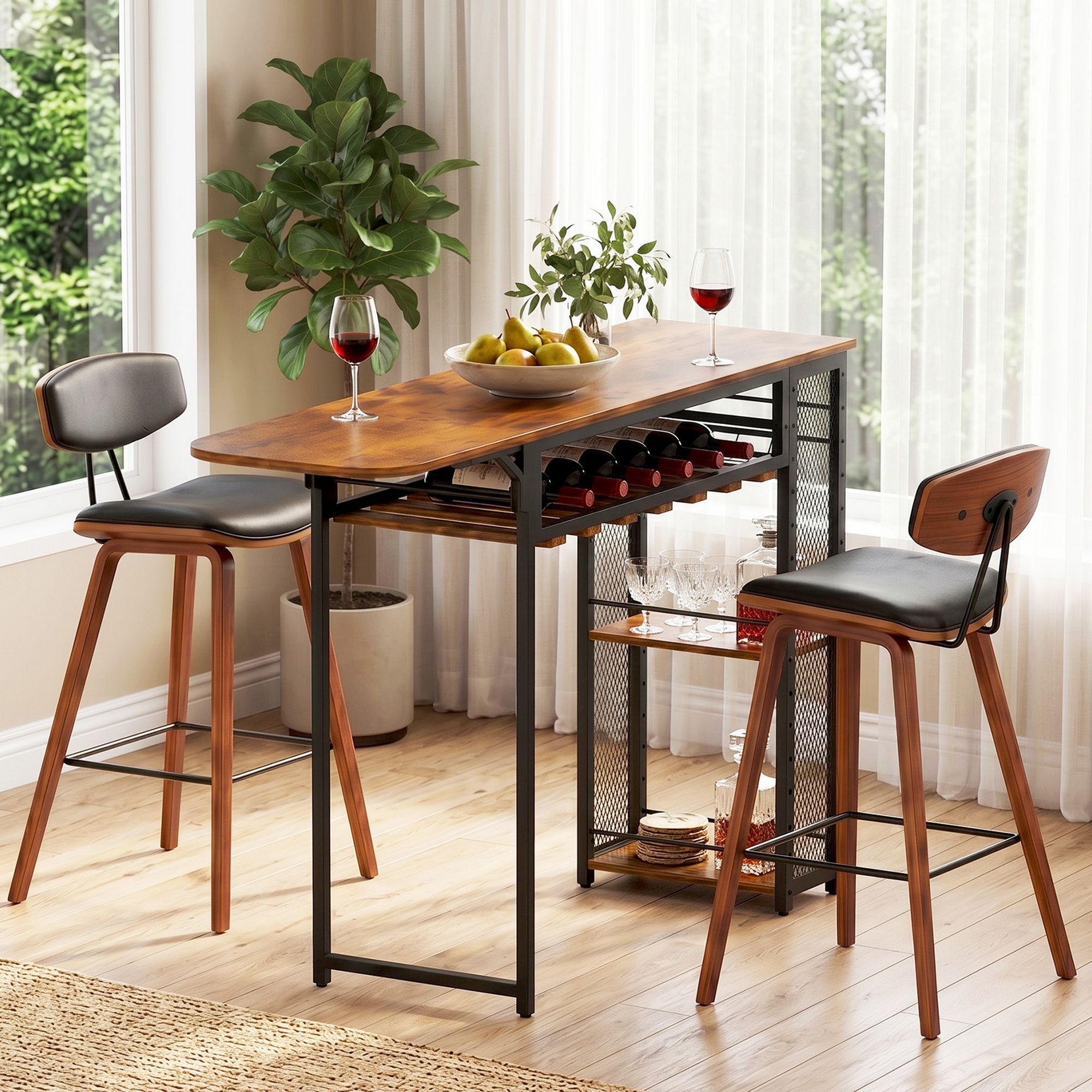 3PCS Solid Wood Bar Table and Stools Set for Kitchen Dining Cafe Pub - Walnut