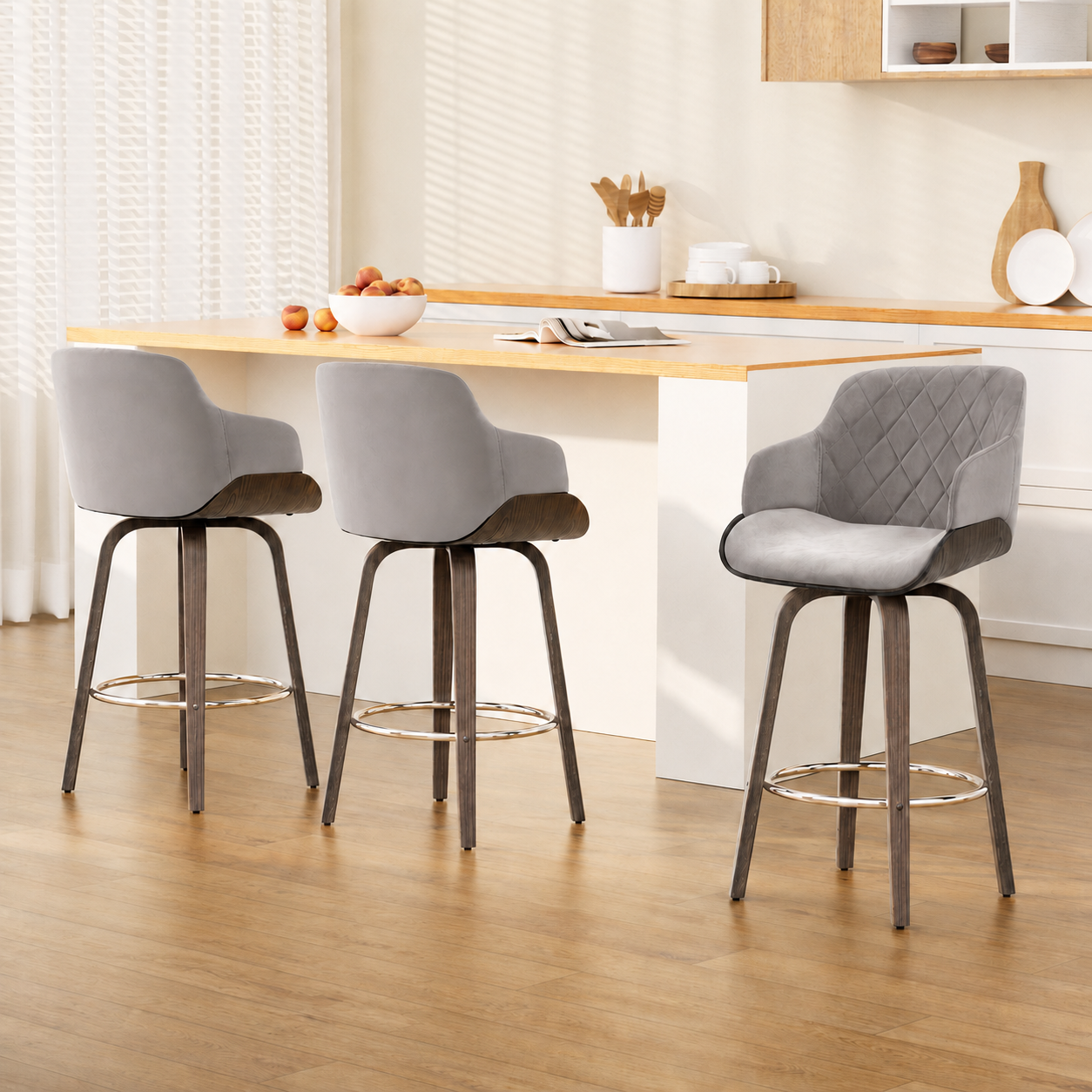 Bar Stools Set of 3 Kitchen Wooden Bar Stool Dining Chair Swivel Velvet