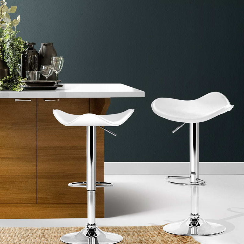 Set of 2 Gas Lift Bar Stools PU Leather - White and Chrome