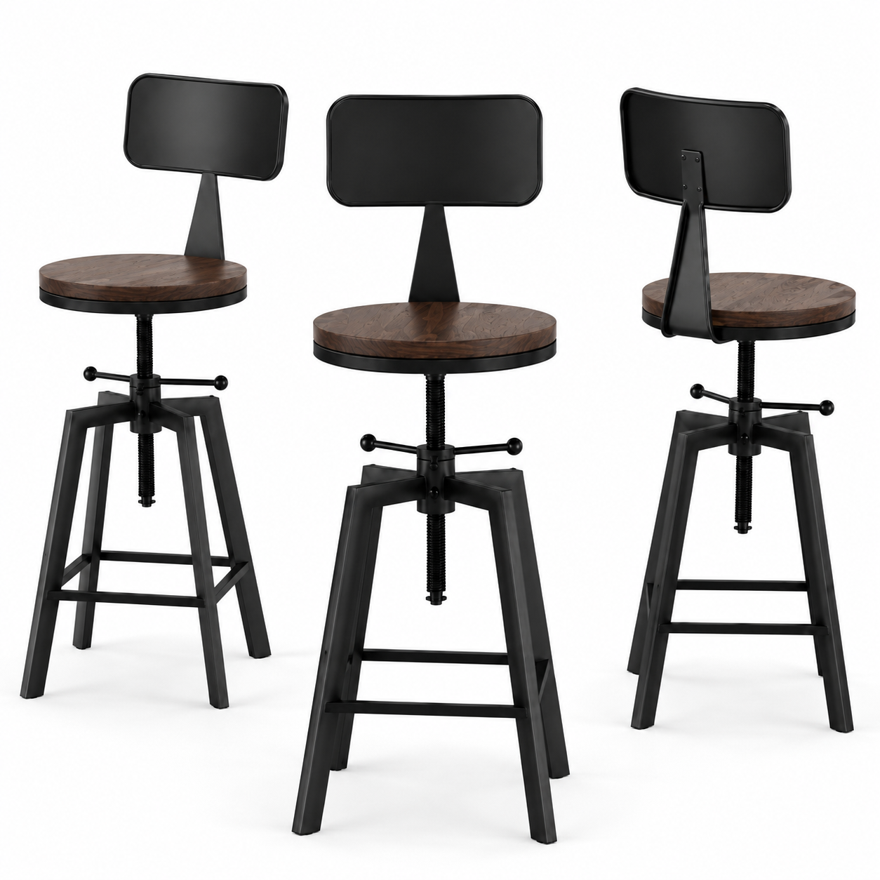 3x Bar Stool Swivel Industrial Counter Barstools 63-79cm Seat Height Adjustable Metal Legs