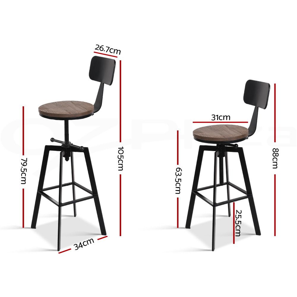 3x Bar Stool Swivel Industrial Counter Barstools 63-79cm Seat Height Adjustable Metal Legs