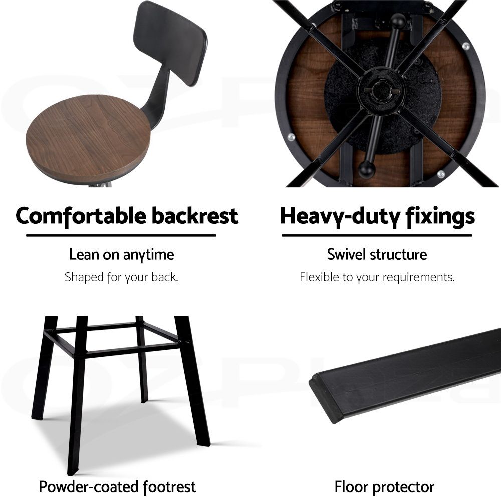3x Bar Stool Swivel Industrial Counter Barstools 63-79cm Seat Height Adjustable Metal Legs