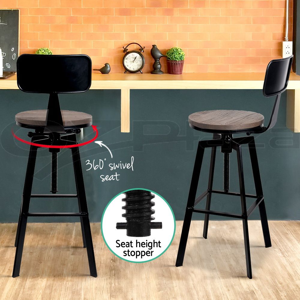 3x Bar Stool Swivel Industrial Counter Barstools 63-79cm Seat Height Adjustable Metal Legs
