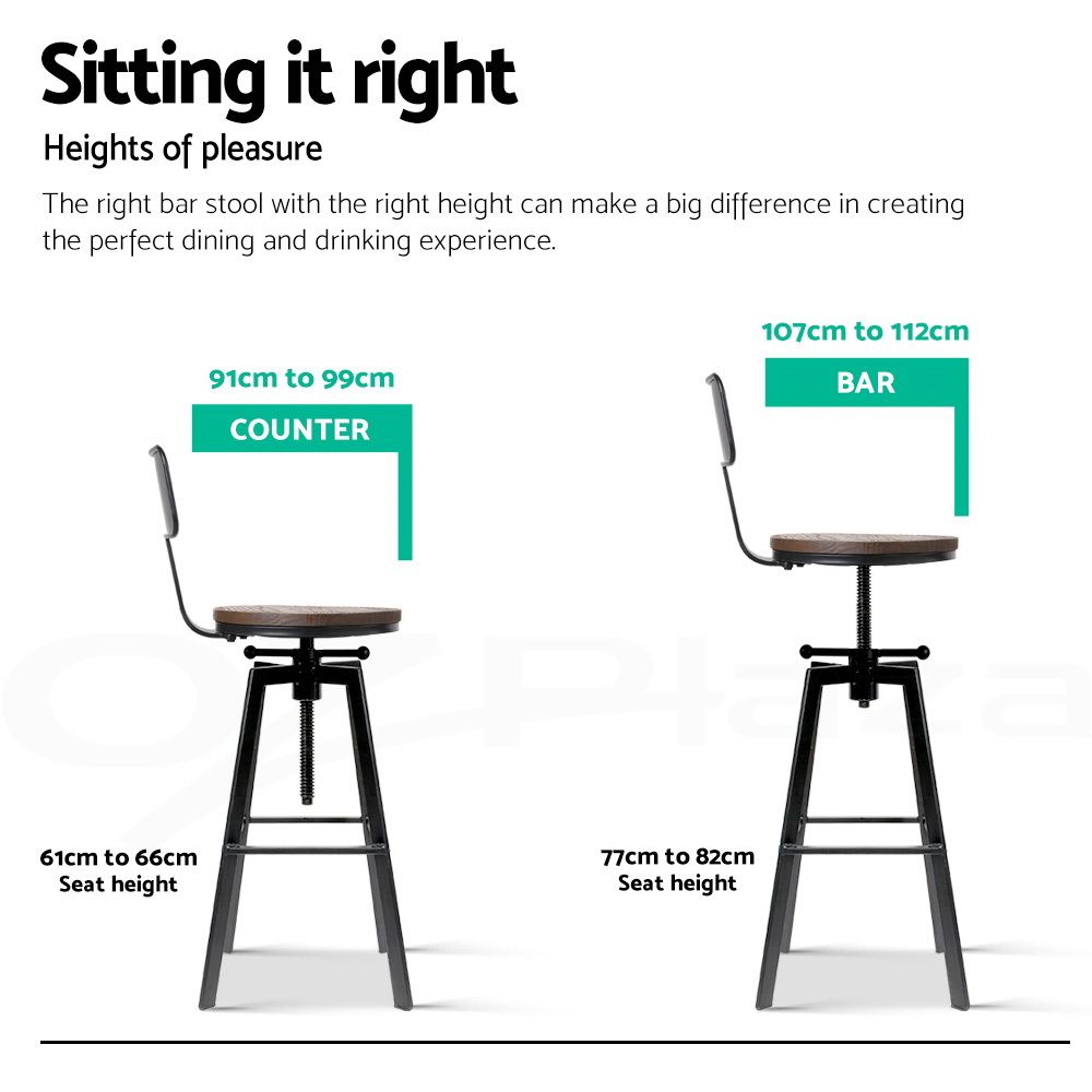 3x Bar Stool Swivel Industrial Counter Barstools 63-79cm Seat Height Adjustable Metal Legs