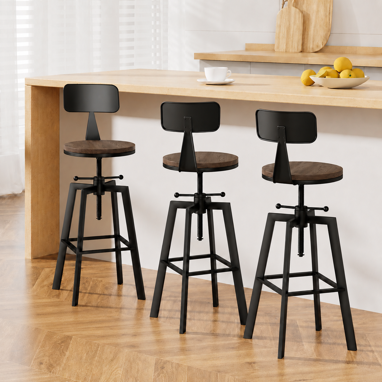 3x Bar Stool Swivel Industrial Counter Barstools 63-79cm Seat Height Adjustable Metal Legs