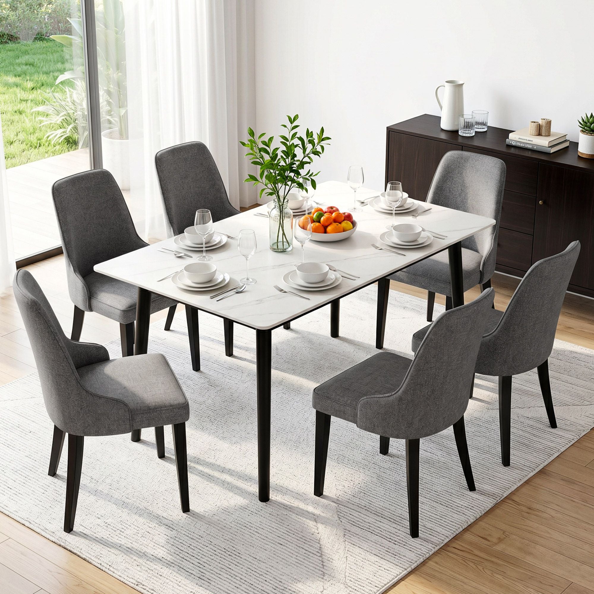 Set of 6 Domus Linen Fabric Dining Chairs with Steel Legs - Grey