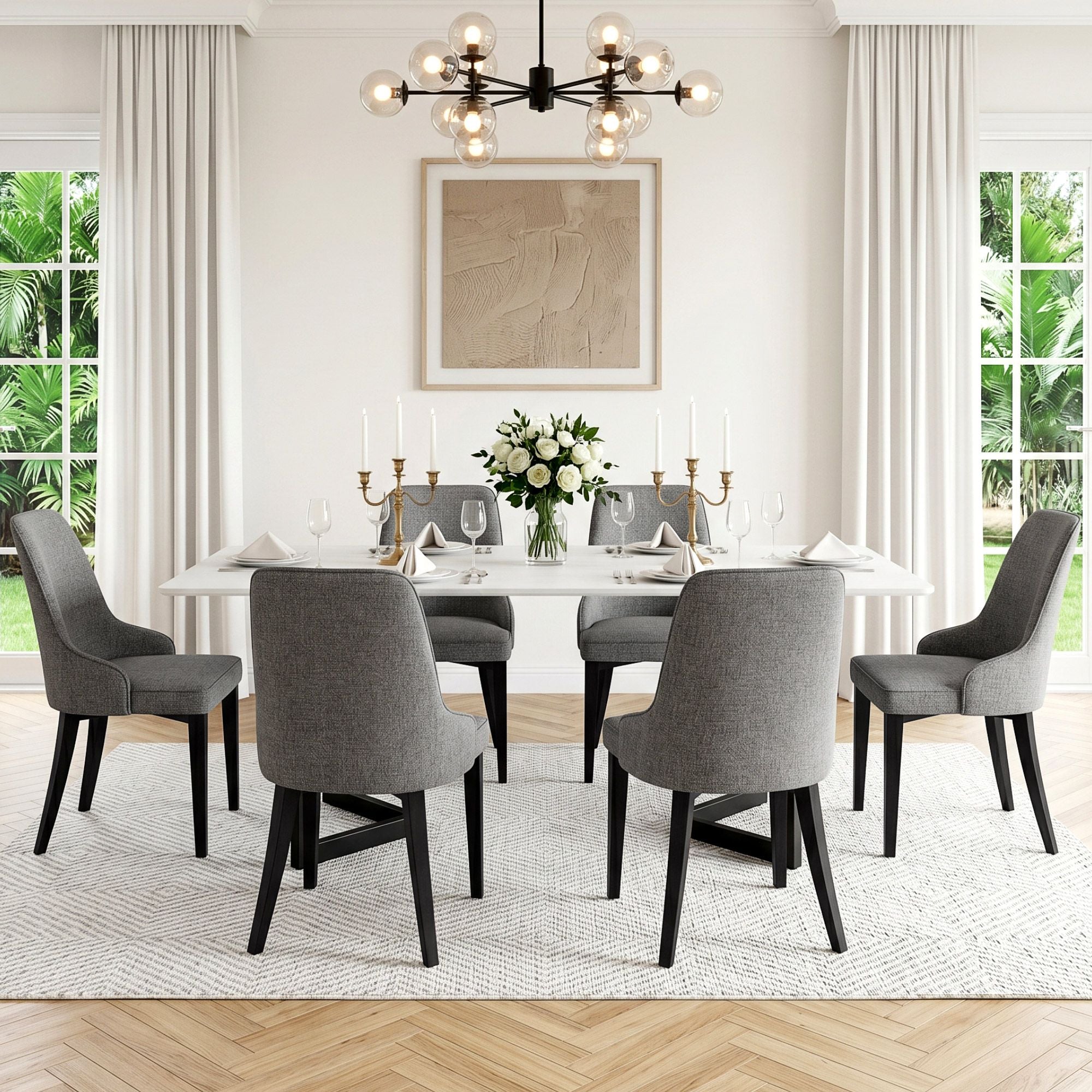 Set of 6 Domus Linen Fabric Dining Chairs with Steel Legs - Grey