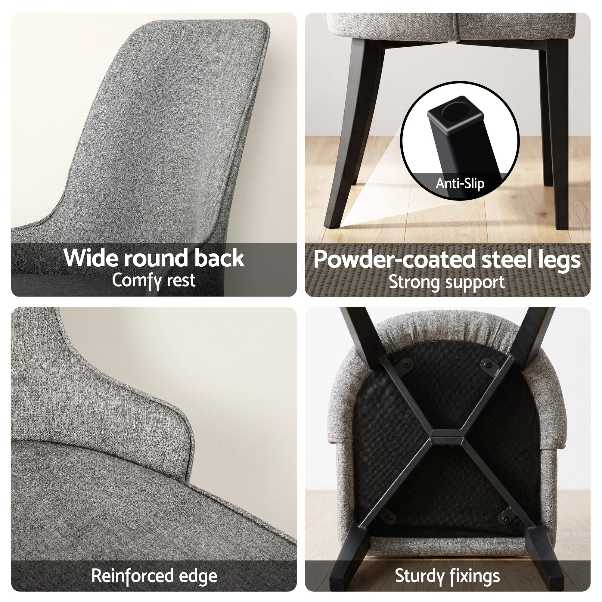 Set of 6 Domus Linen Fabric Dining Chairs with Steel Legs - Grey
