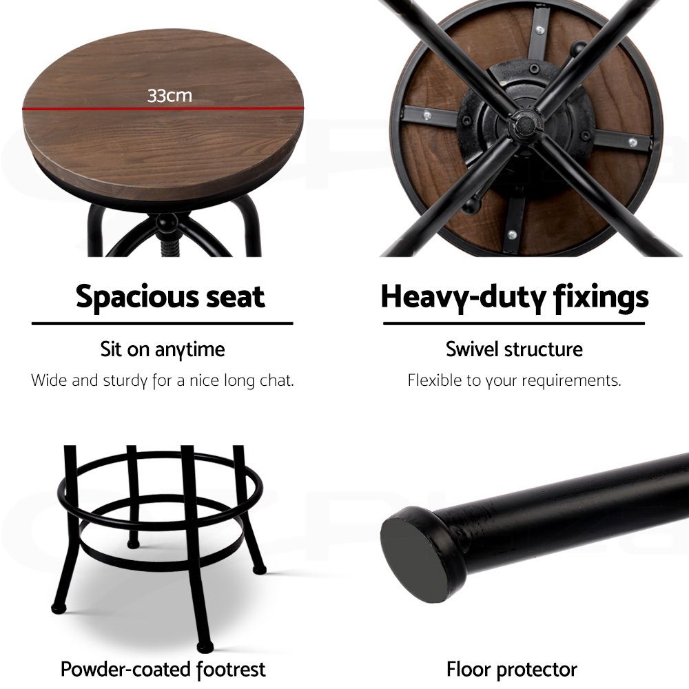 3x Bar Stool Backless Swivel Counter Barstools 70-90cm Seat Height Adjustable Industrial