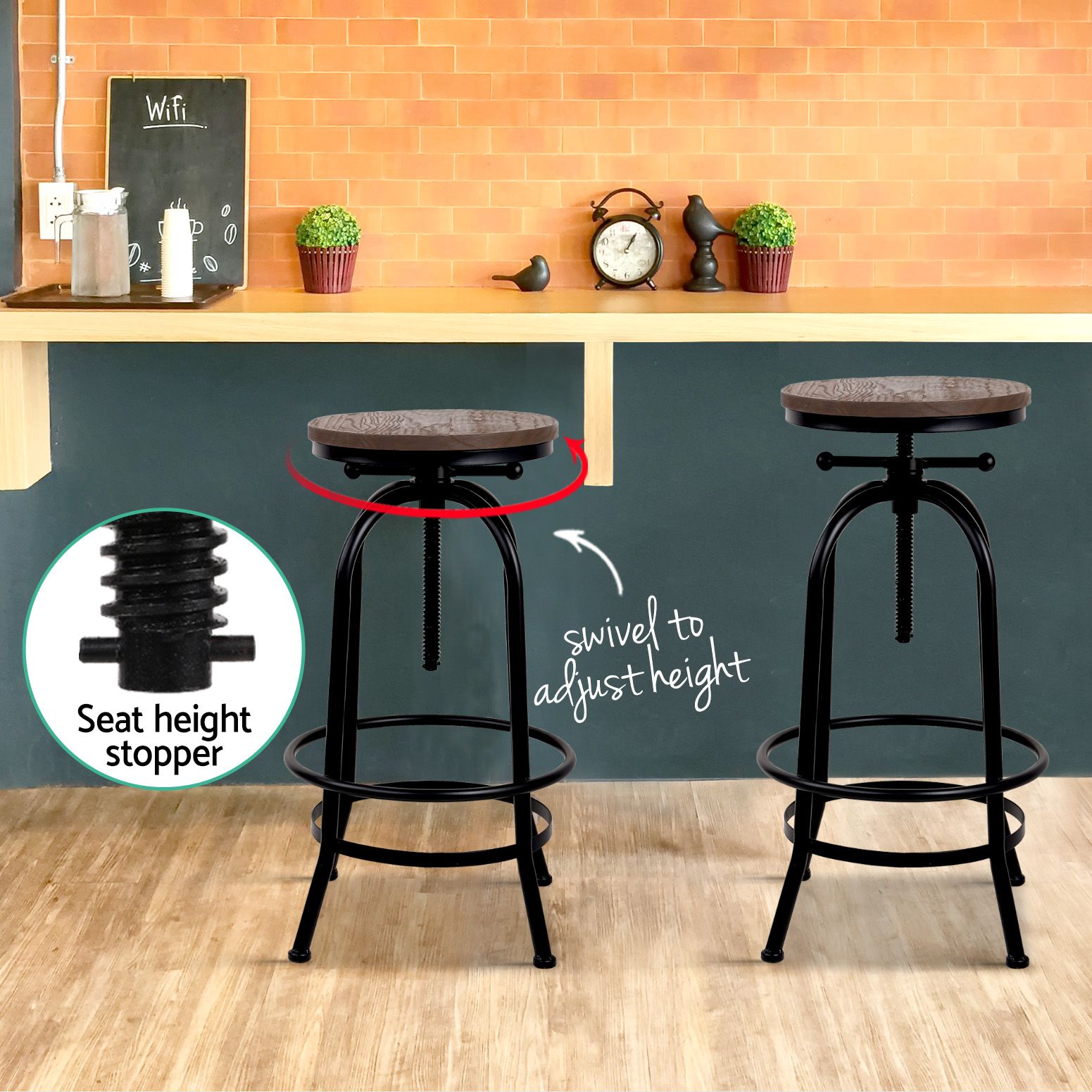 3x Bar Stool Backless Swivel Counter Barstools 70-90cm Seat Height Adjustable Industrial