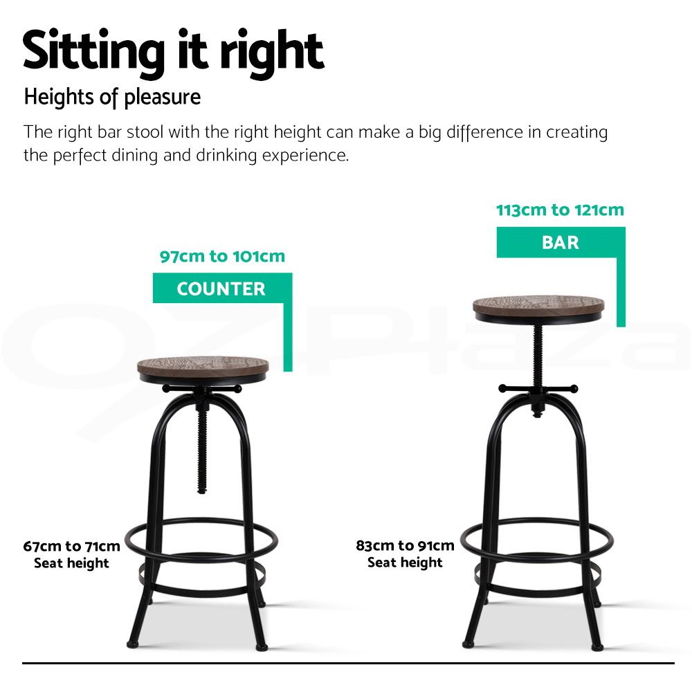 3x Bar Stool Backless Swivel Counter Barstools 70-90cm Seat Height Adjustable Industrial