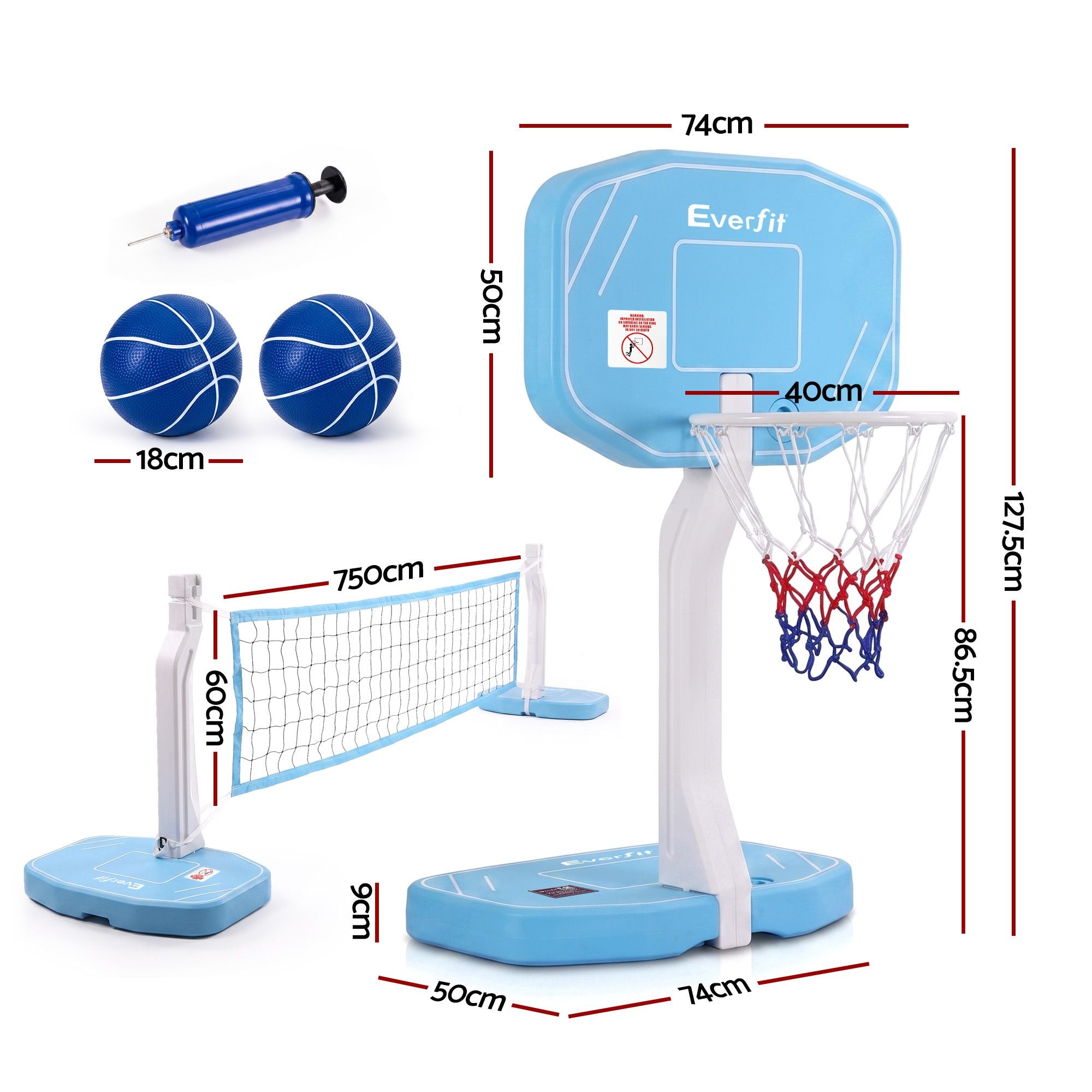 2 in 1 Pool Basketball Hoop Volleyball Net Set Water Sports Game Combo Weighted Base Blue