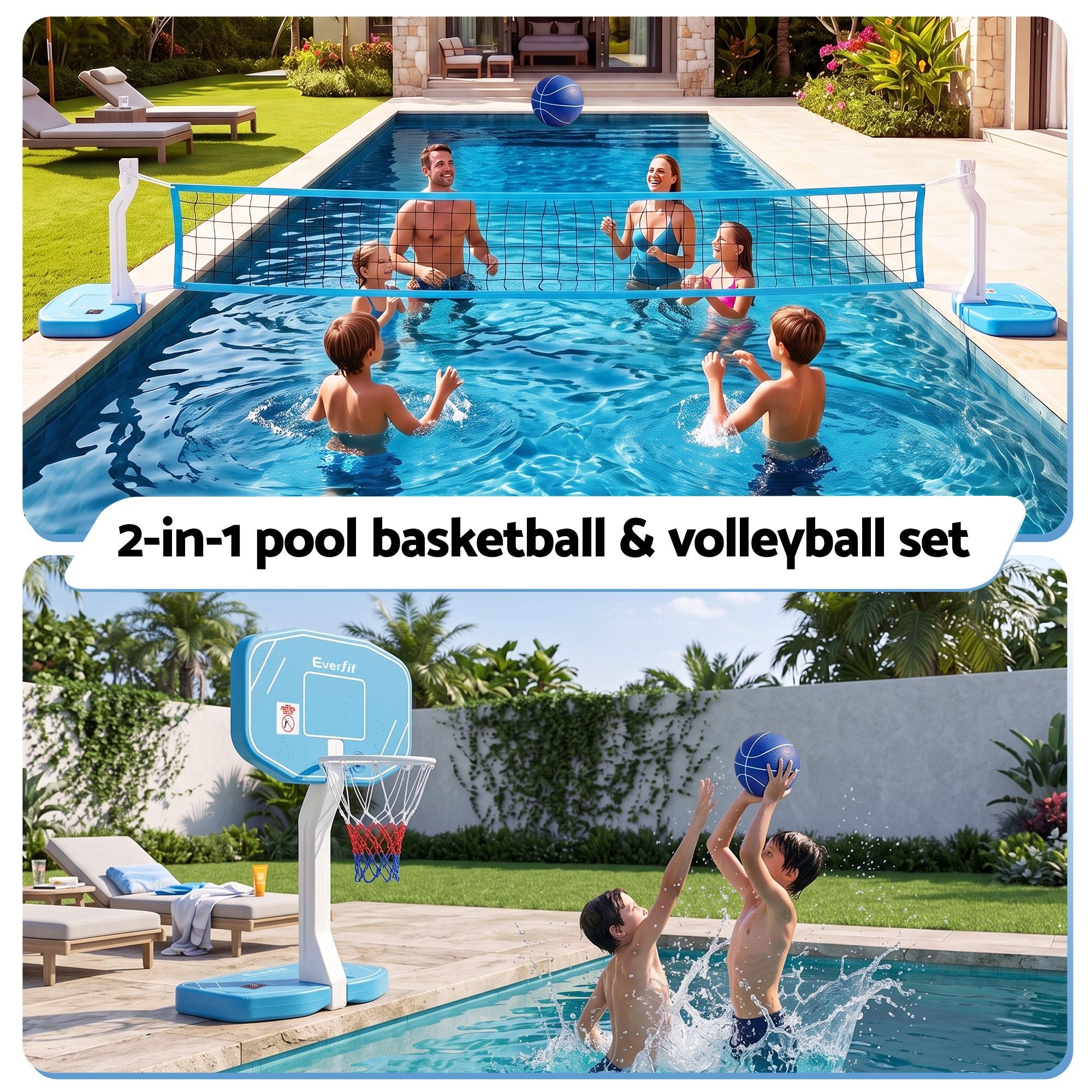 2 in 1 Pool Basketball Hoop Volleyball Net Set Water Sports Game Combo Weighted Base Blue
