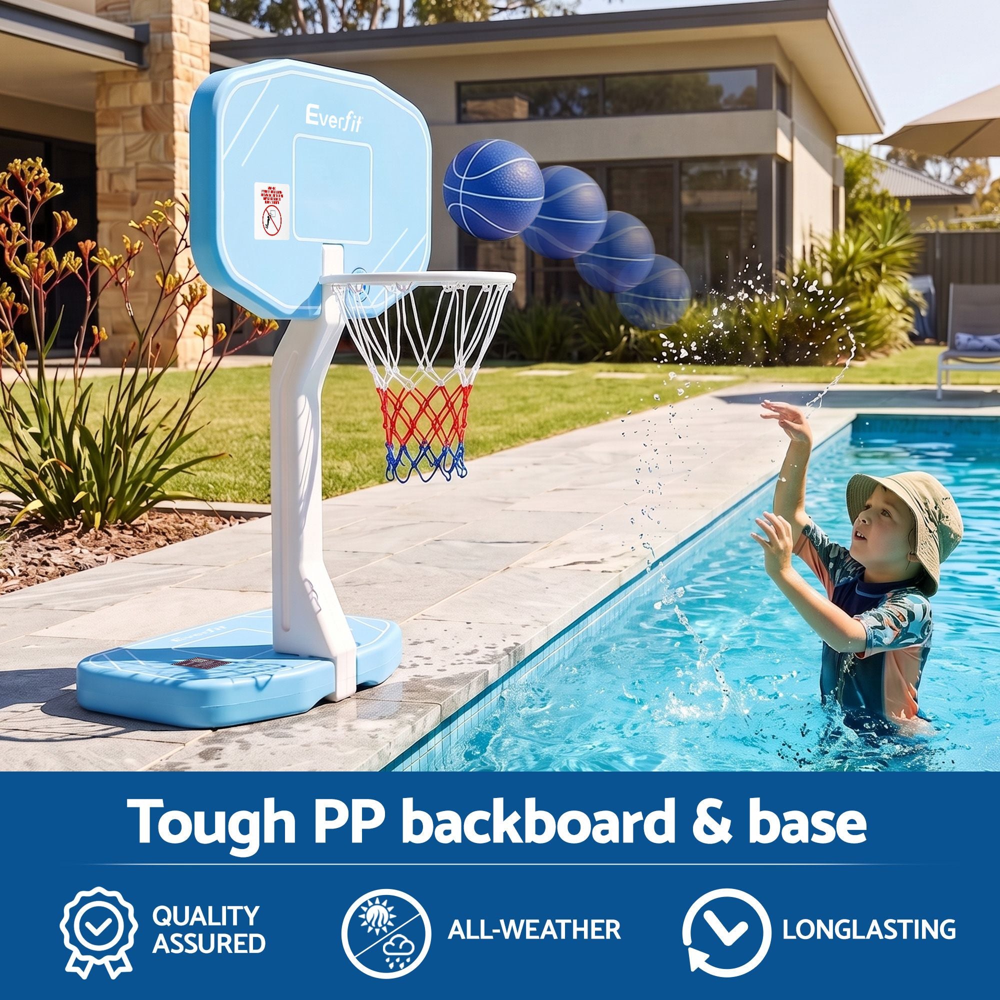 2 in 1 Pool Basketball Hoop Volleyball Net Set Water Sports Game Combo Weighted Base Blue