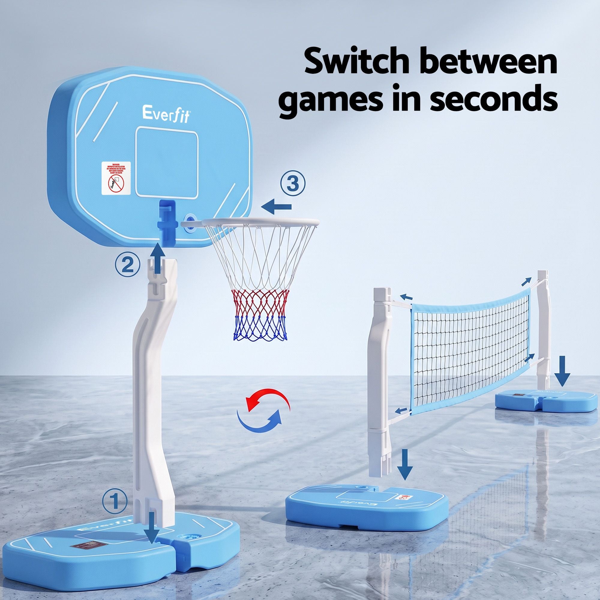 2 in 1 Pool Basketball Hoop Volleyball Net Set Water Sports Game Combo Weighted Base Blue