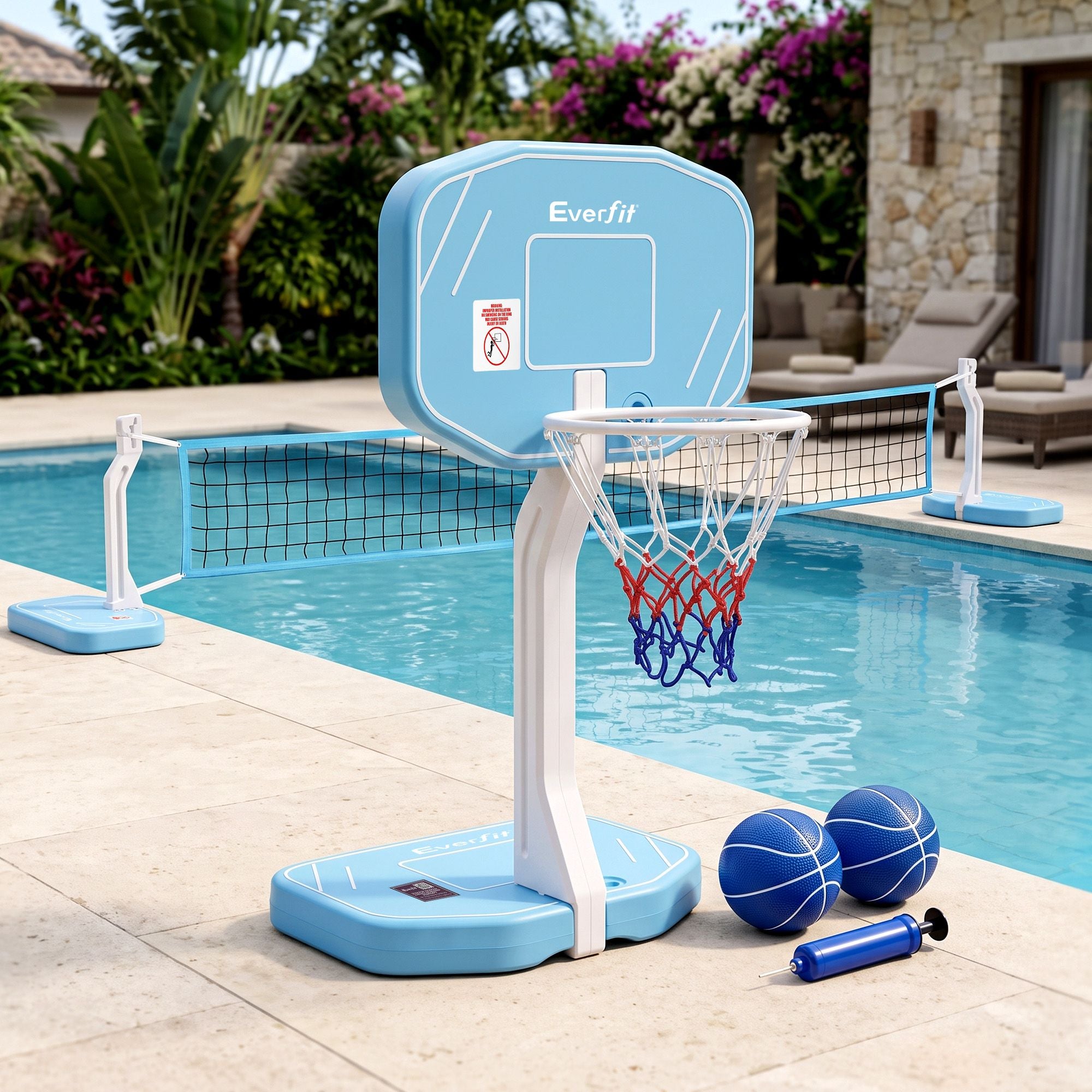 2 in 1 Pool Basketball Hoop Volleyball Net Set Water Sports Game Combo Weighted Base Blue