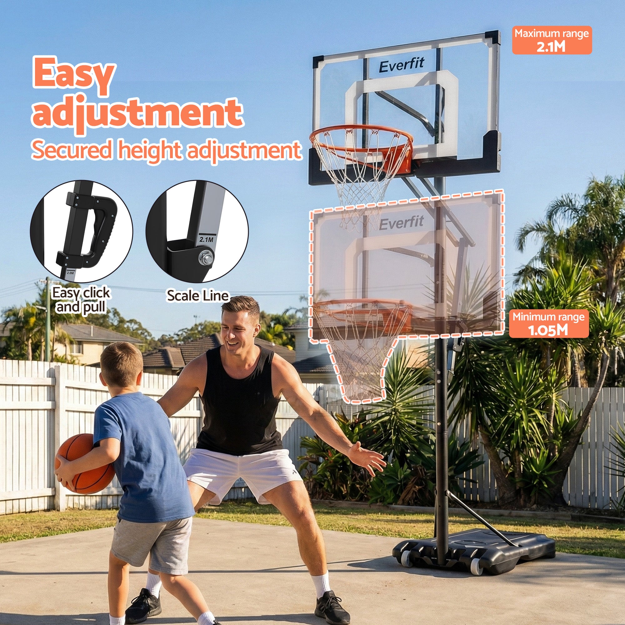 Adjustable Portable Basketball Hoop 1.05M-2.1M Pool Goal System - Outdoor