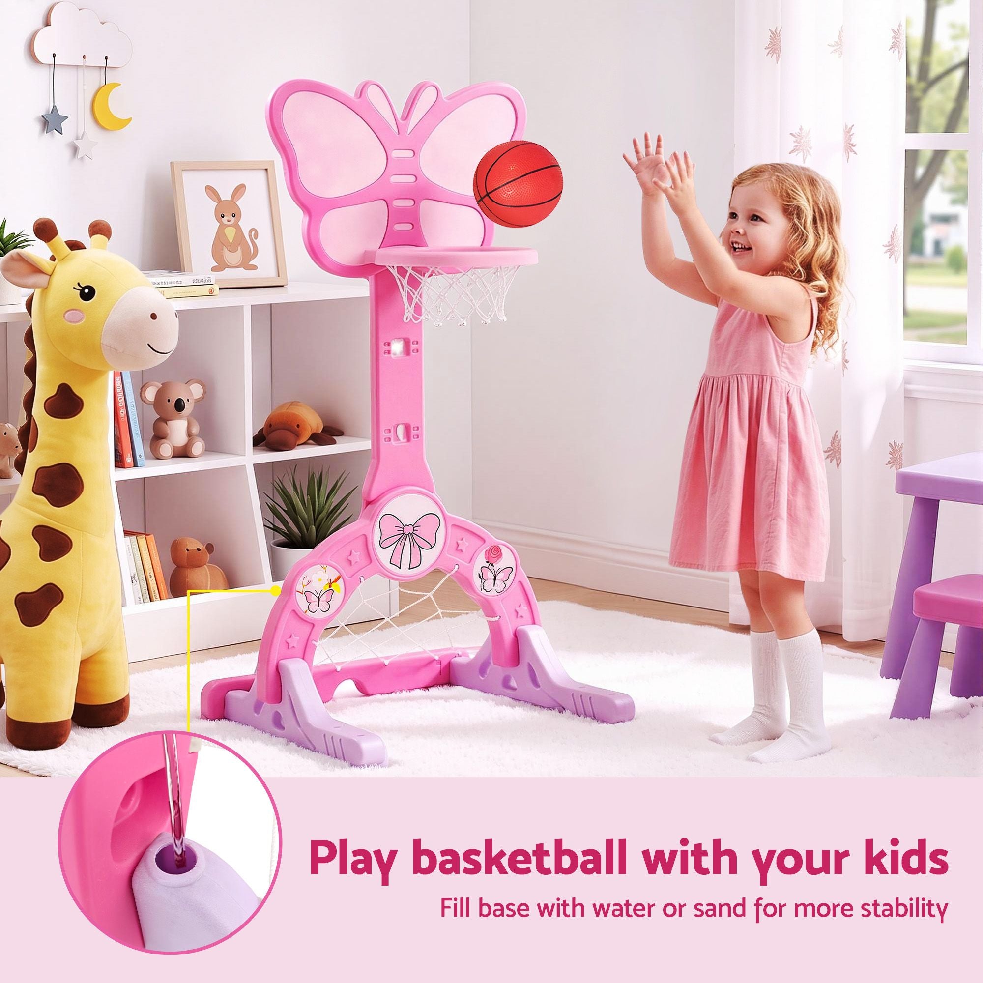 3-in-1 Kids Basketball Hoop Soccer Goal Golf Game Set with Balls Pink