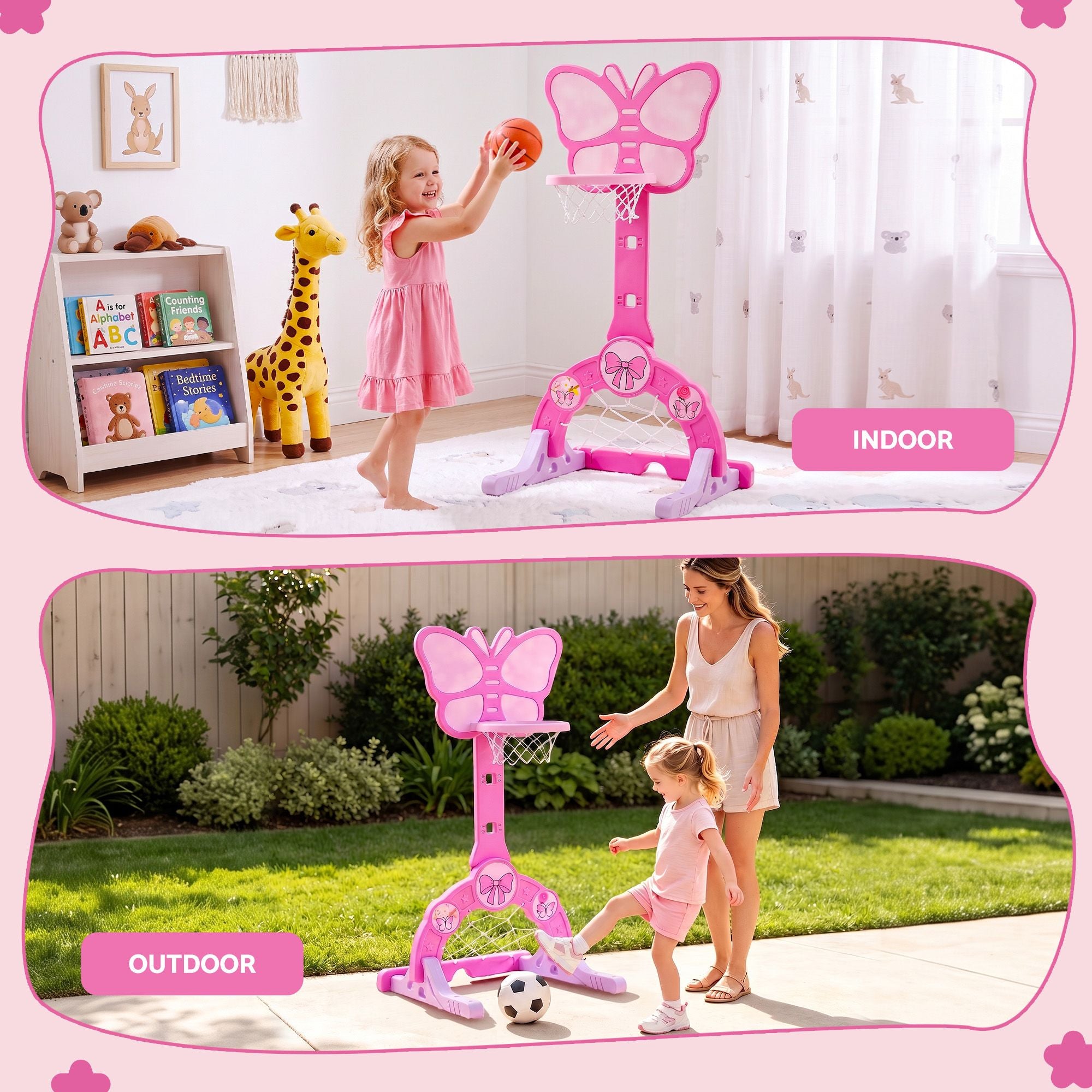 3-in-1 Kids Basketball Hoop Soccer Goal Golf Game Set with Balls Pink