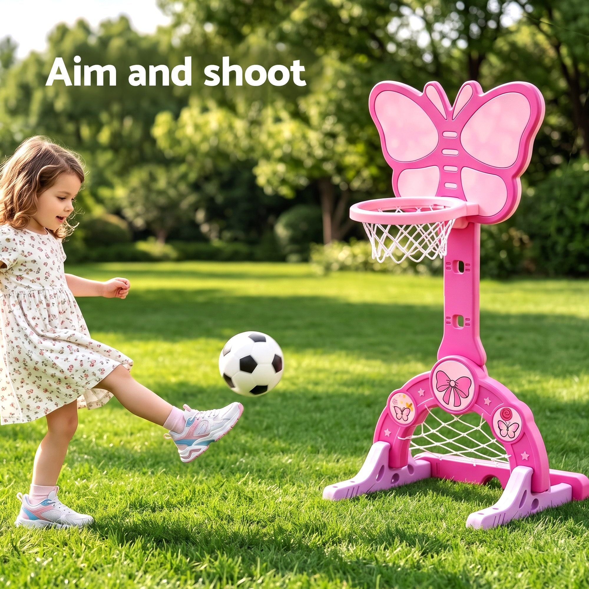 3-in-1 Kids Basketball Hoop Soccer Goal Golf Game Set with Balls Pink