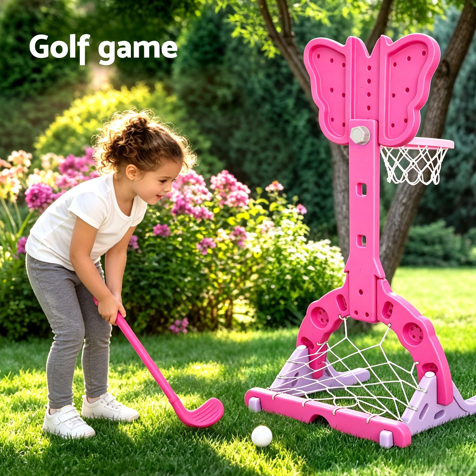 3-in-1 Kids Basketball Hoop Soccer Goal Golf Game Set with Balls Pink