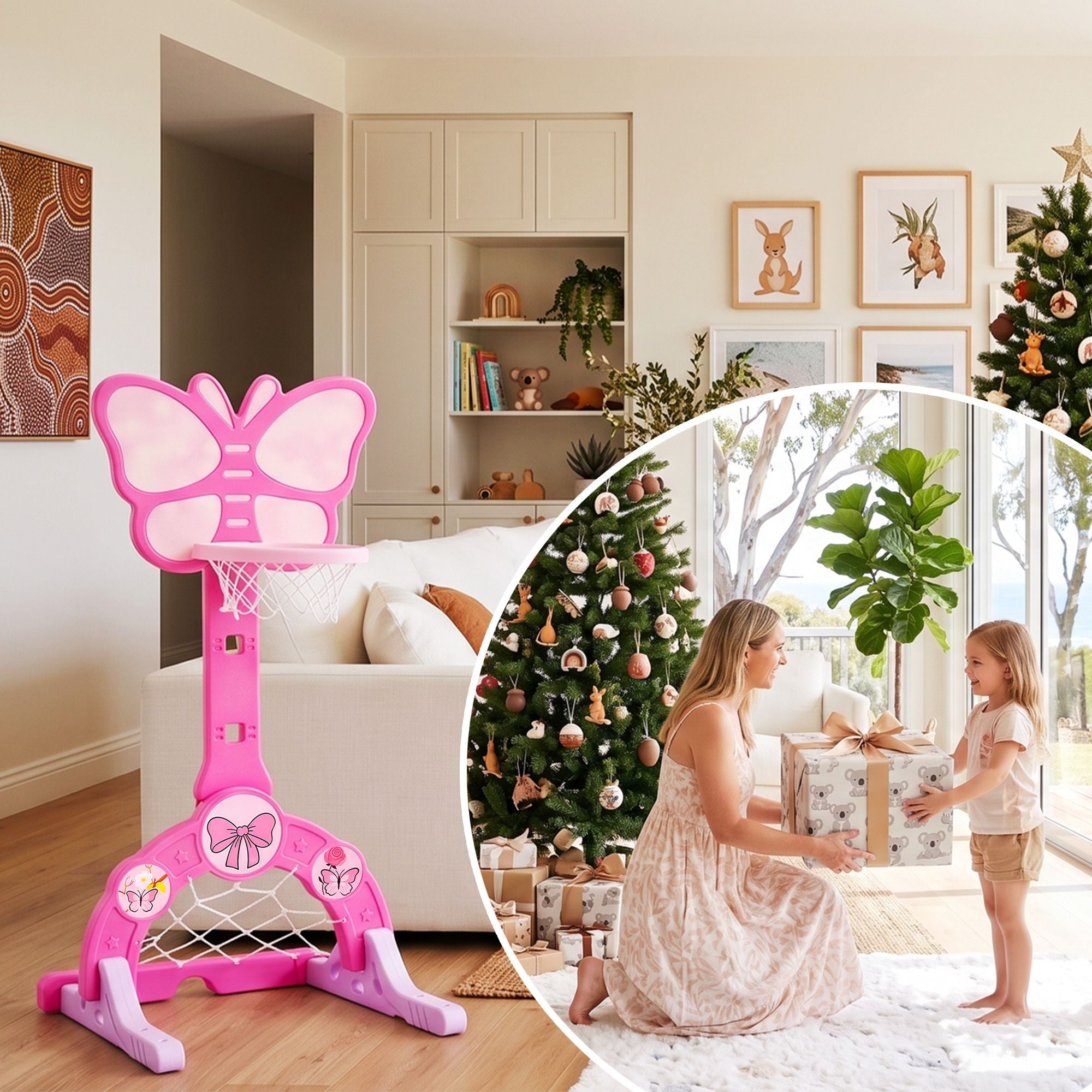 3-in-1 Kids Basketball Hoop Soccer Goal Golf Game Set with Balls Pink