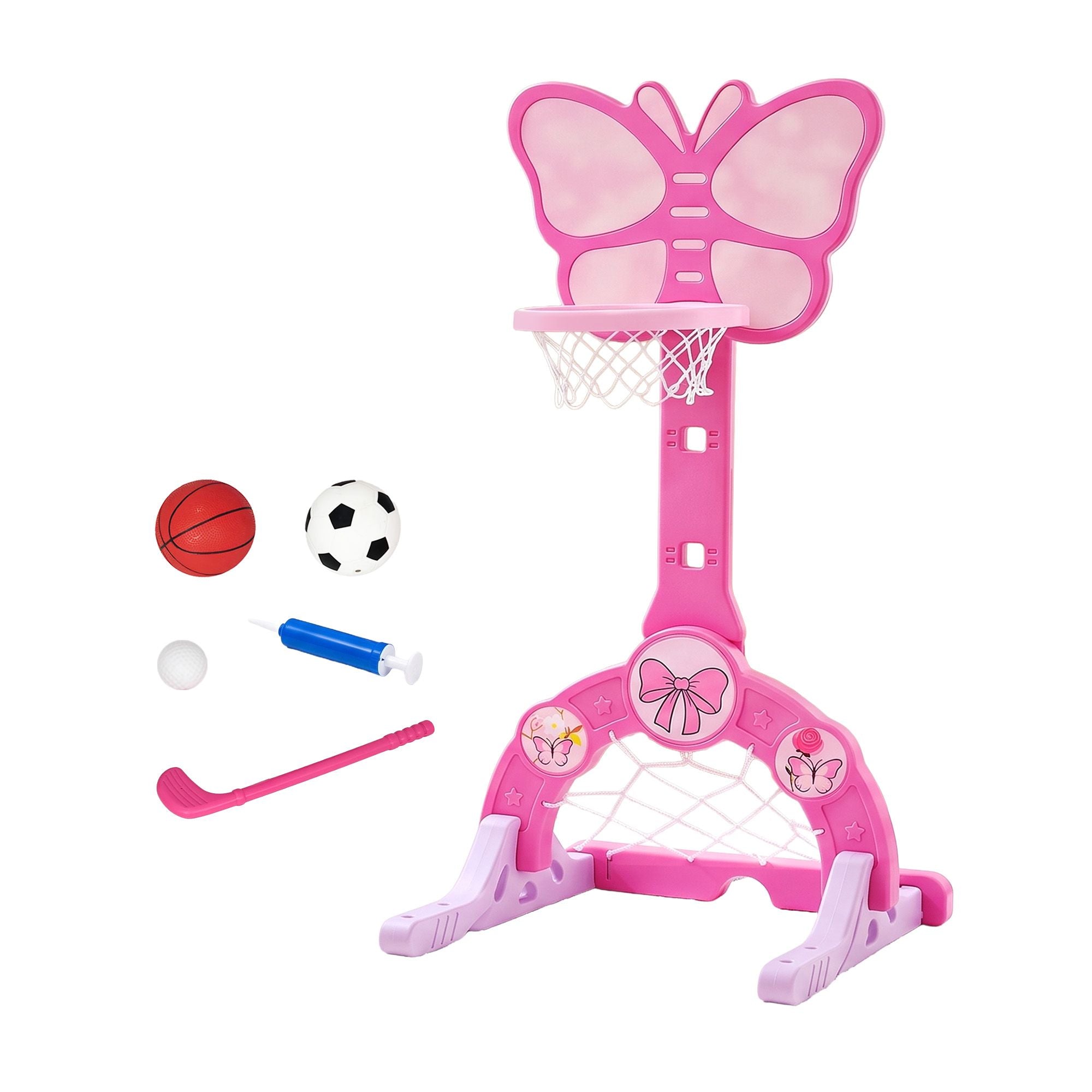 3-in-1 Kids Basketball Hoop Soccer Goal Golf Game Set with Balls Pink