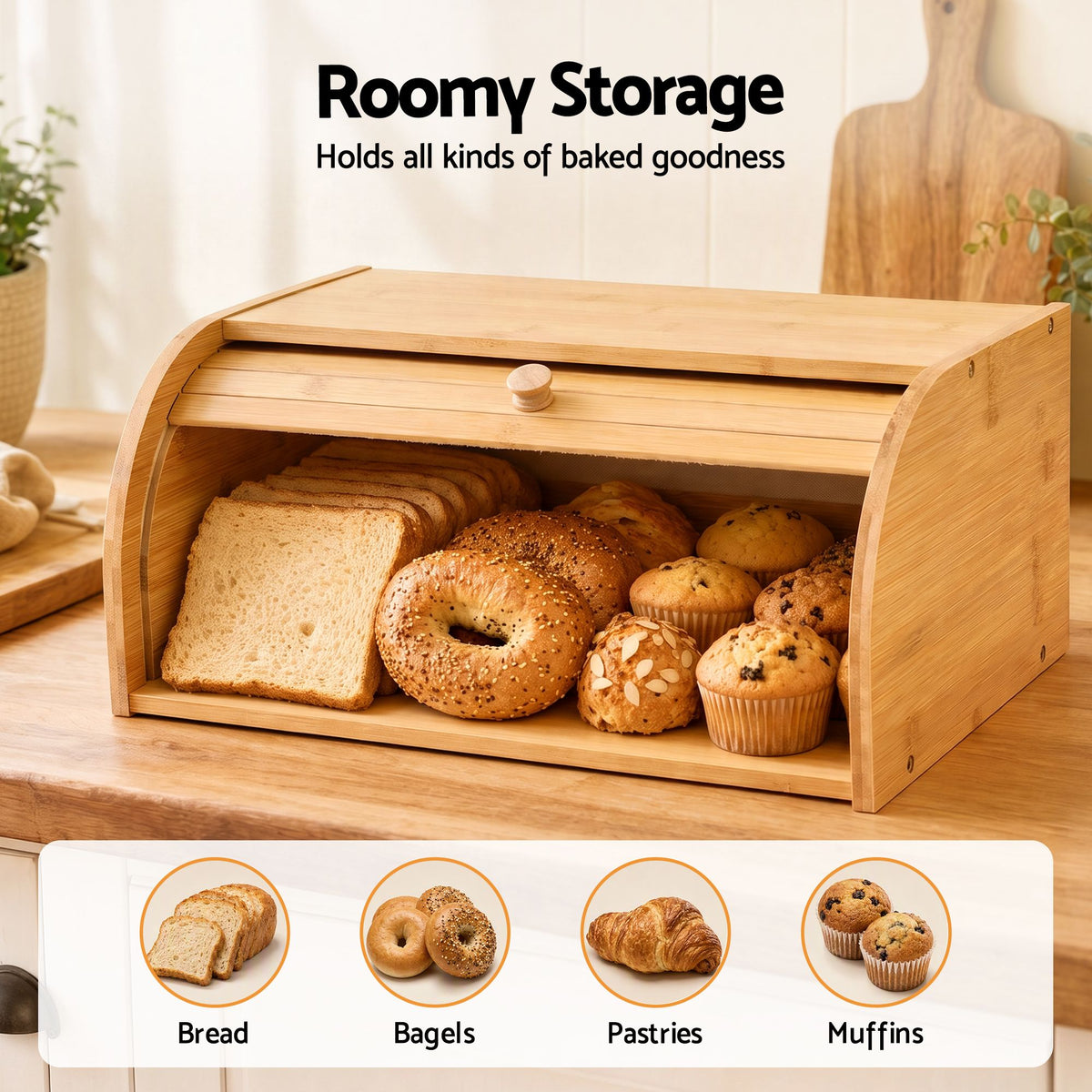 Bamboo Roll Top Bread Box 45cm - Natural