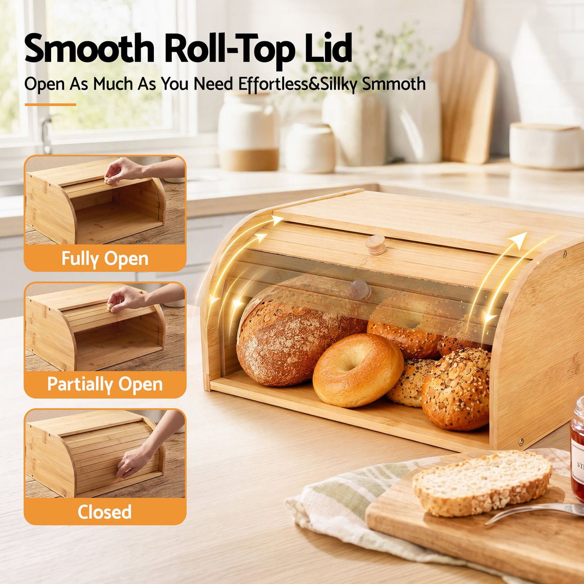 Bamboo Roll Top Bread Box 45cm - Natural