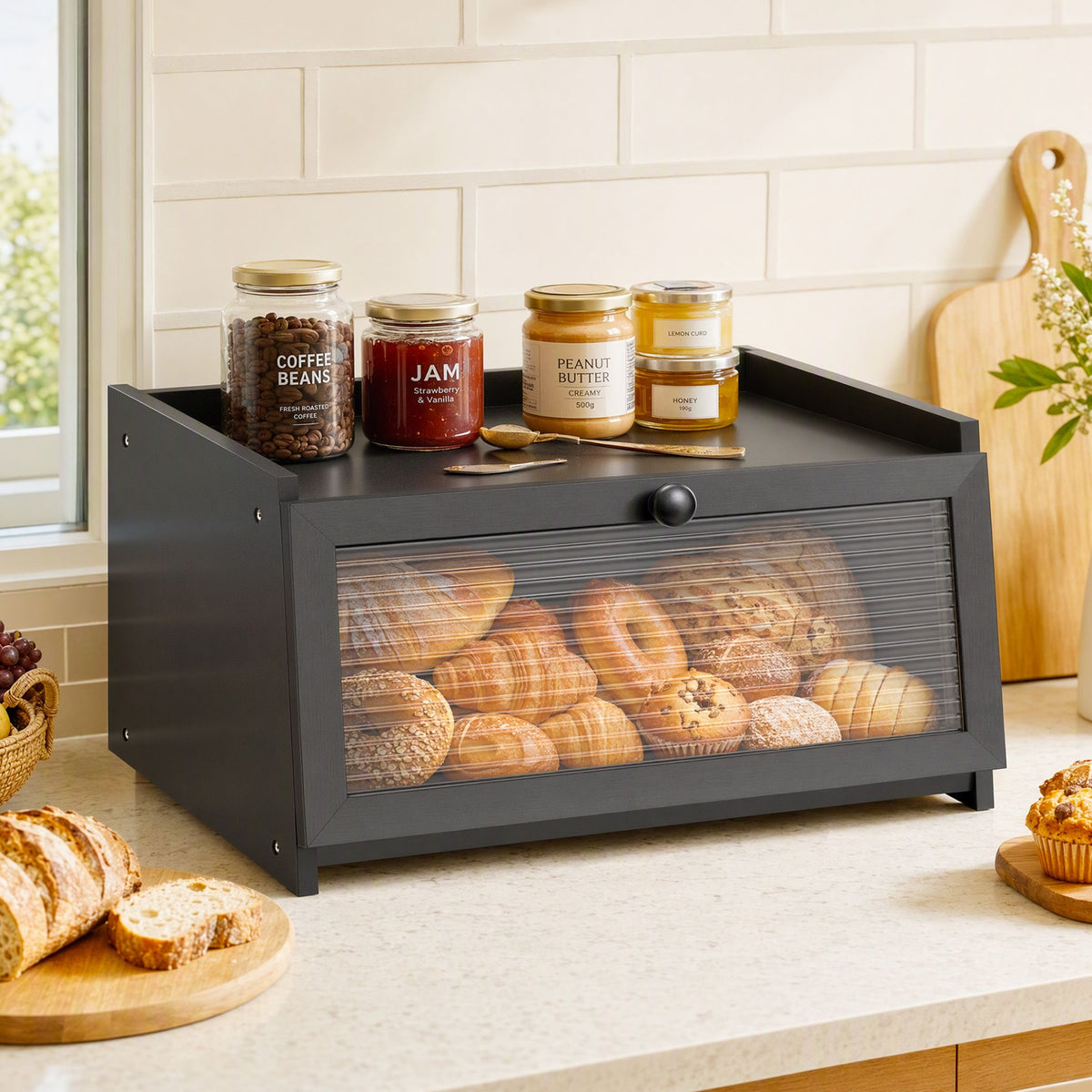 Bamboo Bread Box with Clear Window and Shelf 40cm - Black