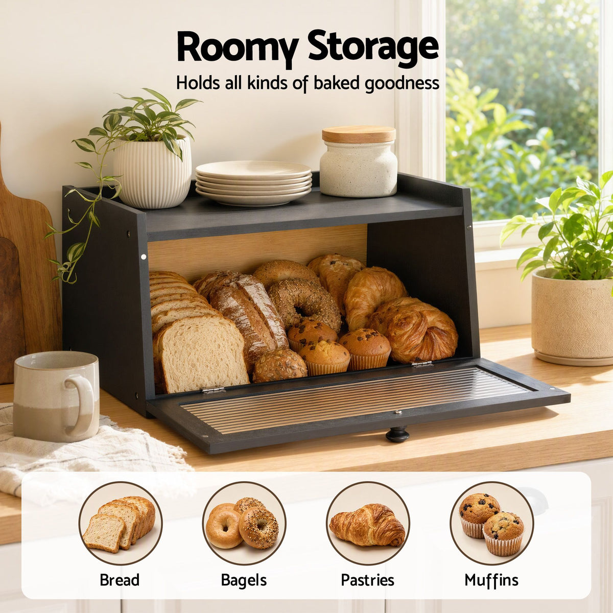 Bamboo Bread Box with Clear Window and Shelf 40cm - Black