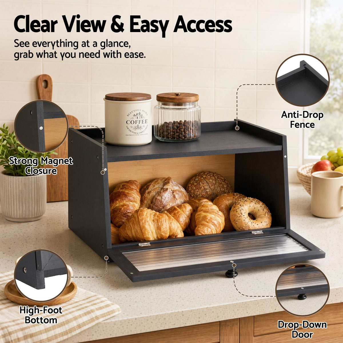 Bamboo Bread Box with Clear Window and Shelf 40cm - Black