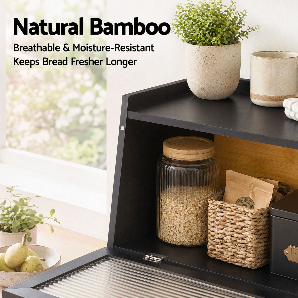 Bamboo Bread Box with Clear Window and Shelf 40cm - Black
