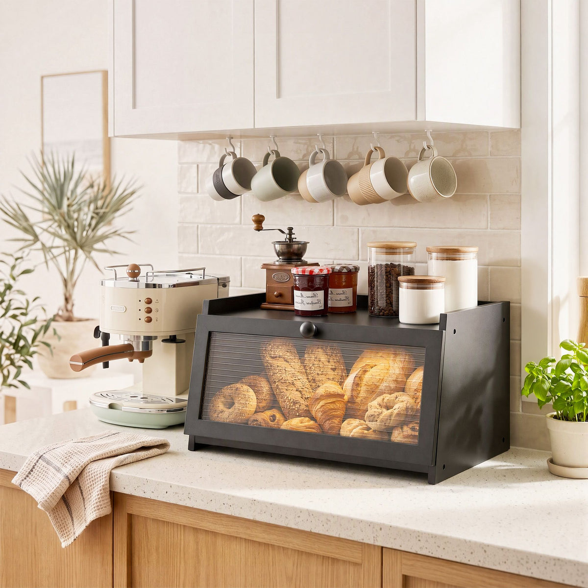 Bamboo Bread Box with Clear Window and Shelf 40cm - Black