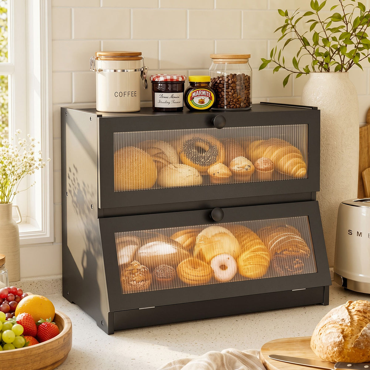 2-Tier Bamboo Bread Box Kitchen Countertop Storage 40cm - Black