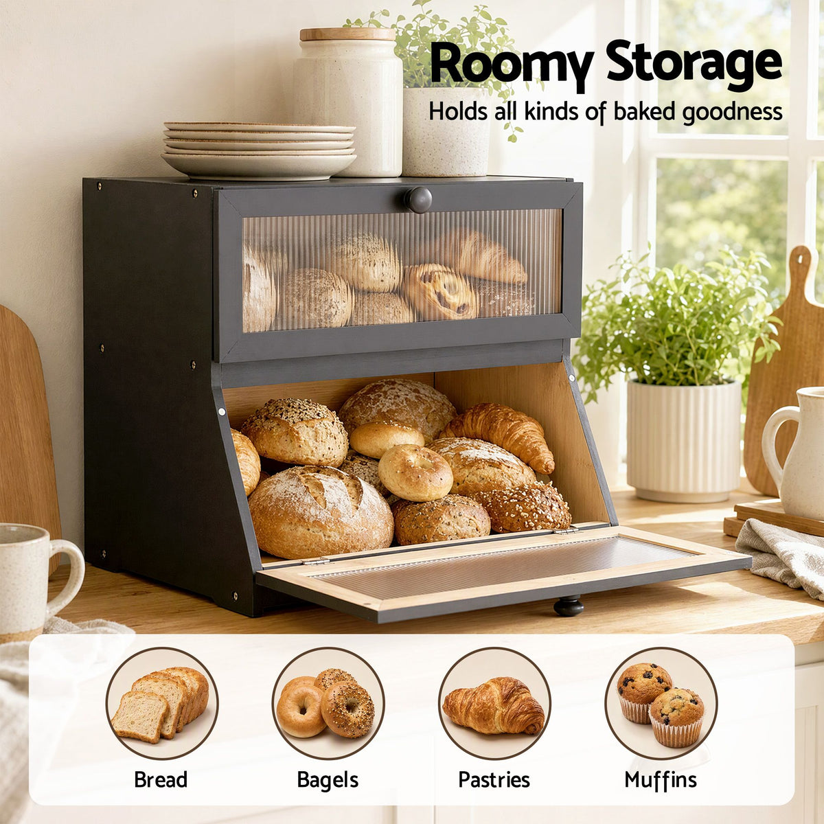 2-Tier Bamboo Bread Box Kitchen Countertop Storage 40cm - Black