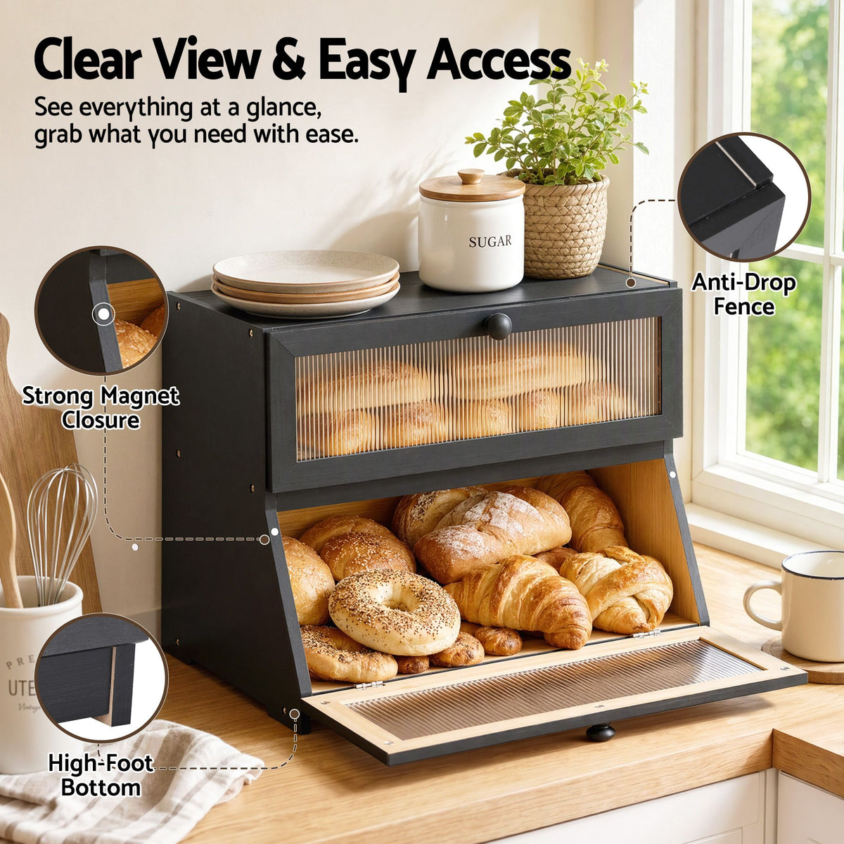 2-Tier Bamboo Bread Box Kitchen Countertop Storage 40cm - Black
