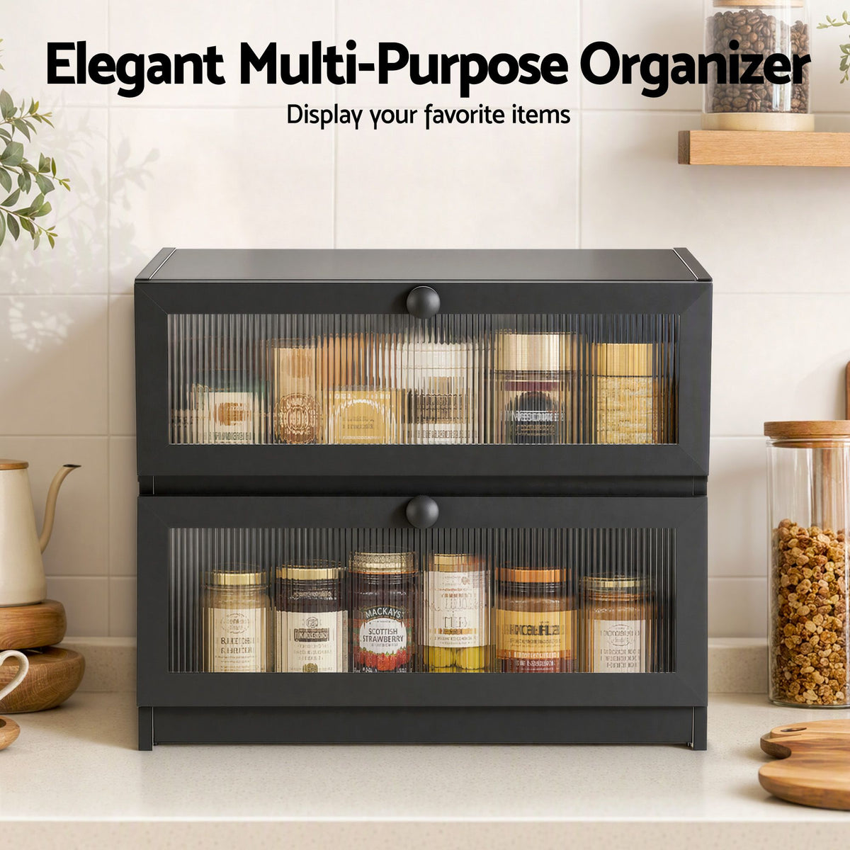 2-Tier Bamboo Bread Box Kitchen Countertop Storage 40cm - Black