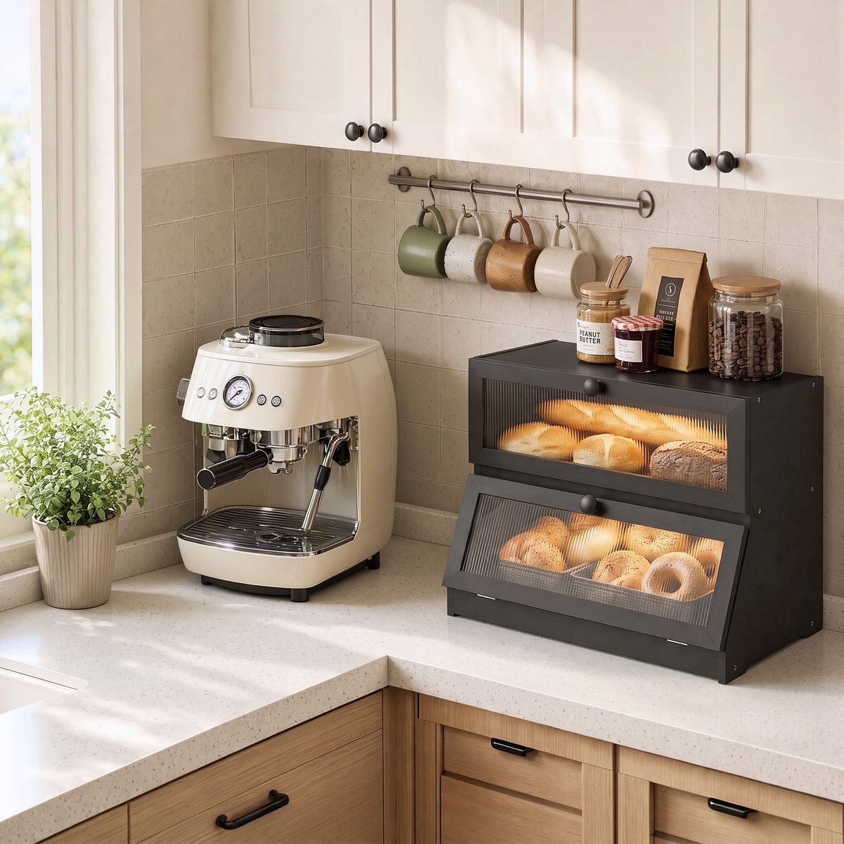 2-Tier Bamboo Bread Box Kitchen Countertop Storage 40cm - Black